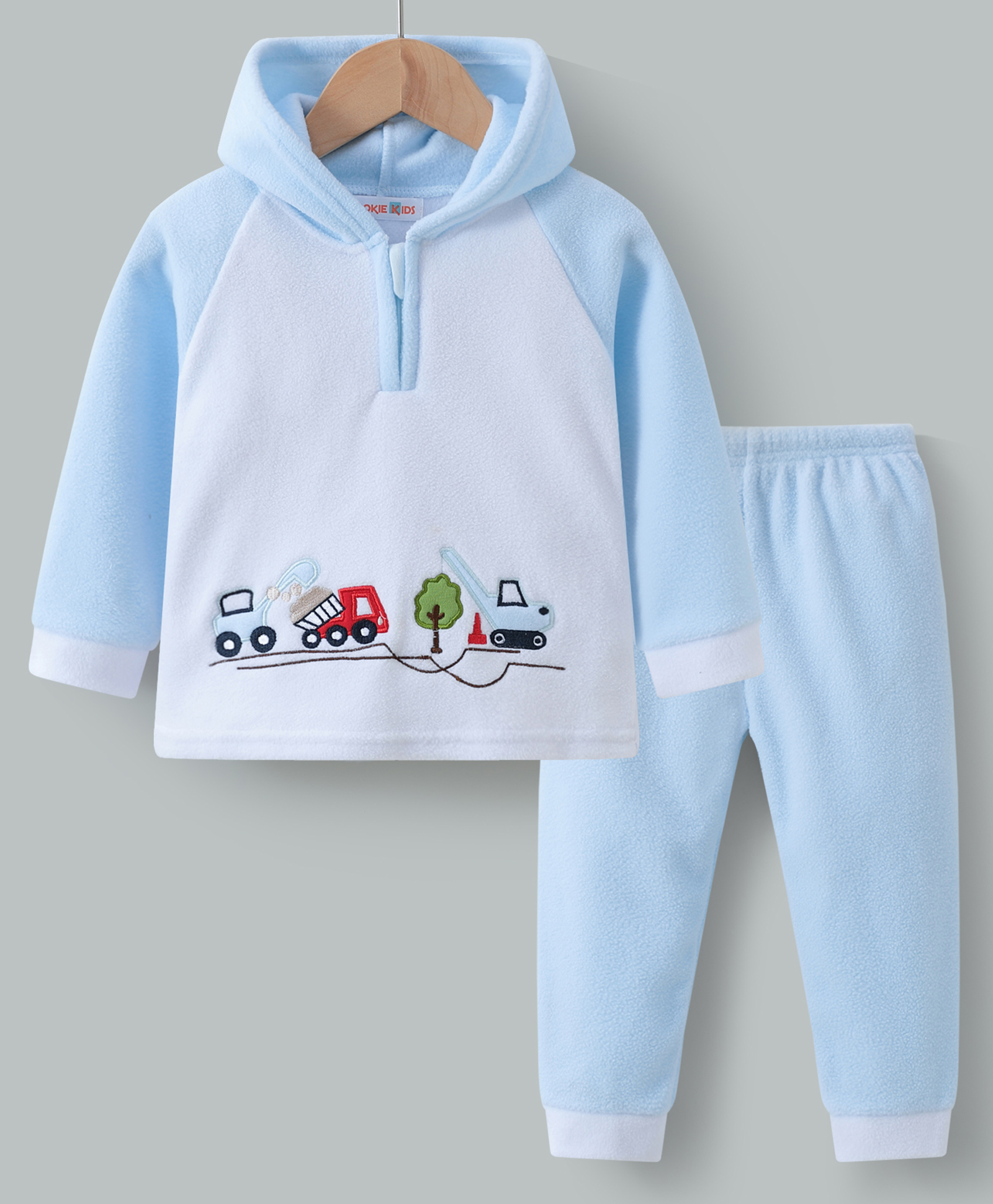 Kookie Kids Full Sleeves Hooded Winter Wear T-Shirt & Pant Set with Truck Embroidery - Blue & White-image-49