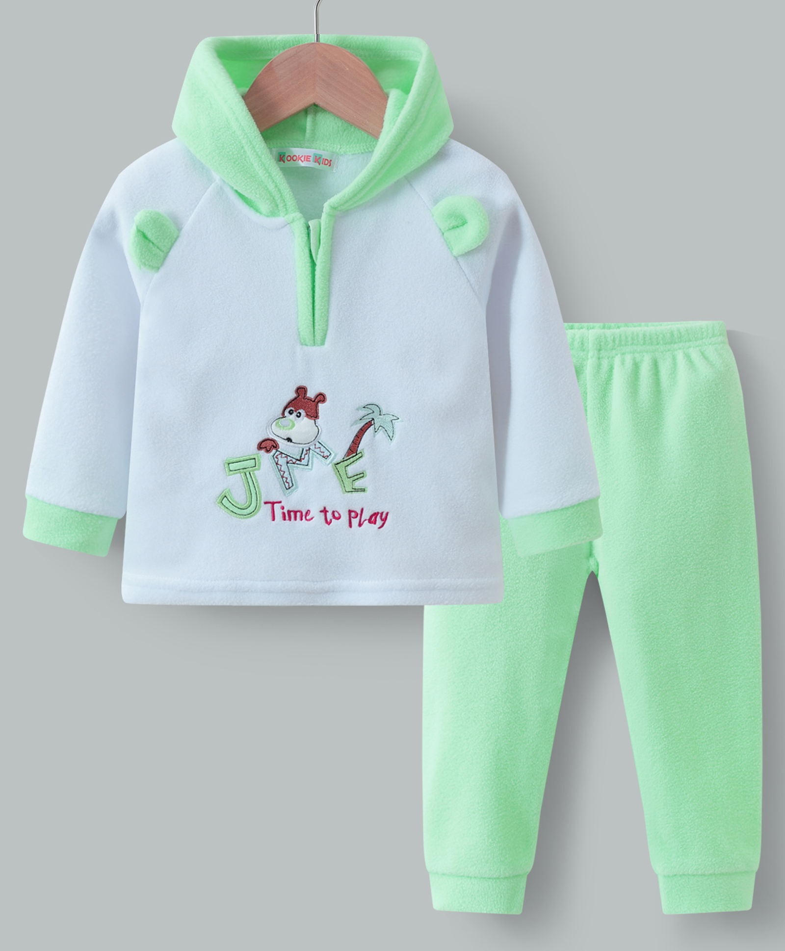 Kookie Kids Raglan Sleeves Hooded Front Zipper Winter Wear Suit With Text Embroidery - Green & White