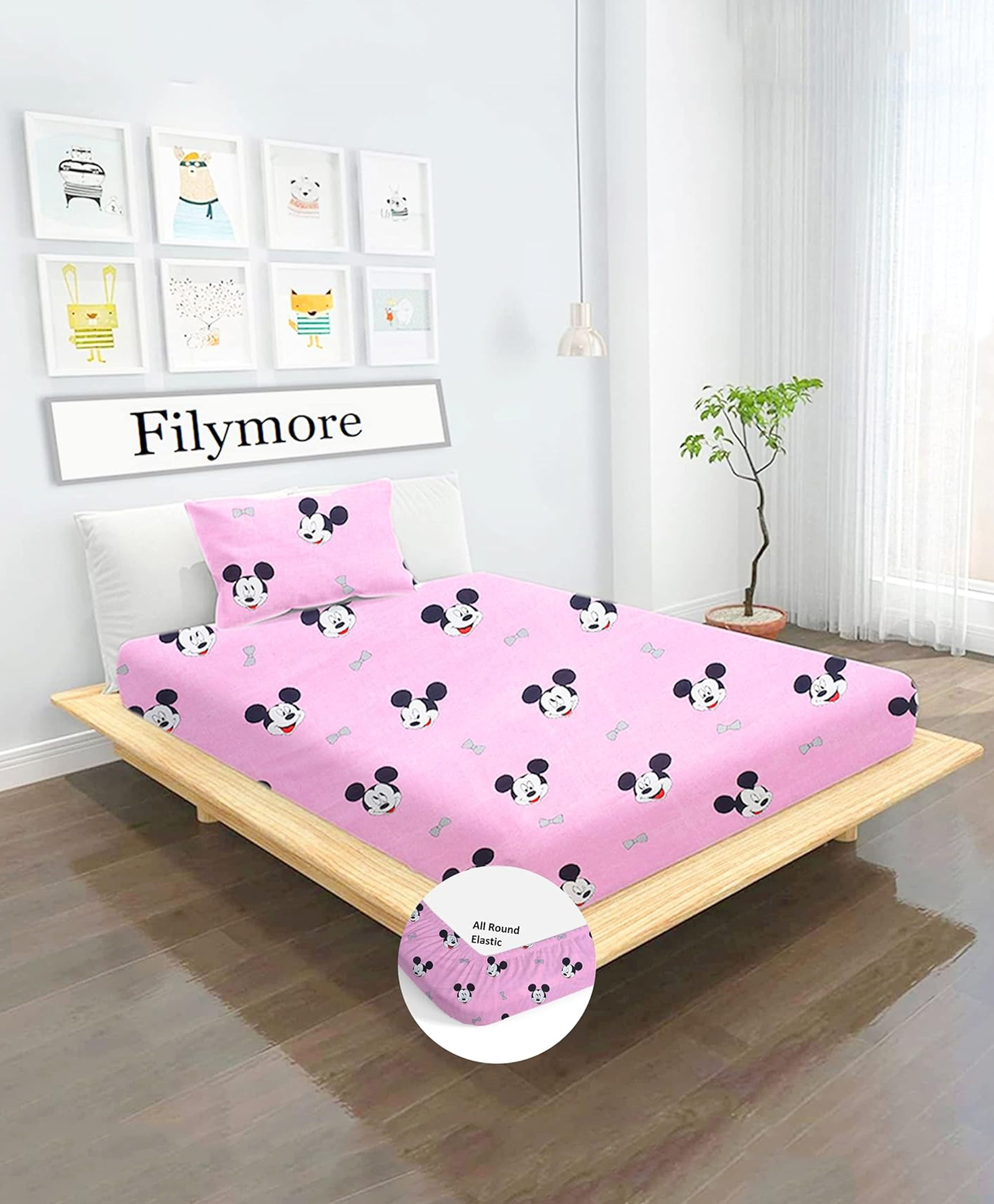 Filymore Mickey mouse Elastic Fitted bedsheet for single bed made with pure microfiber 1 bedsheet and 1 pillow cover Size 36x72 inches fit up to 6 inches mattres Colour Pink and Black-image-47