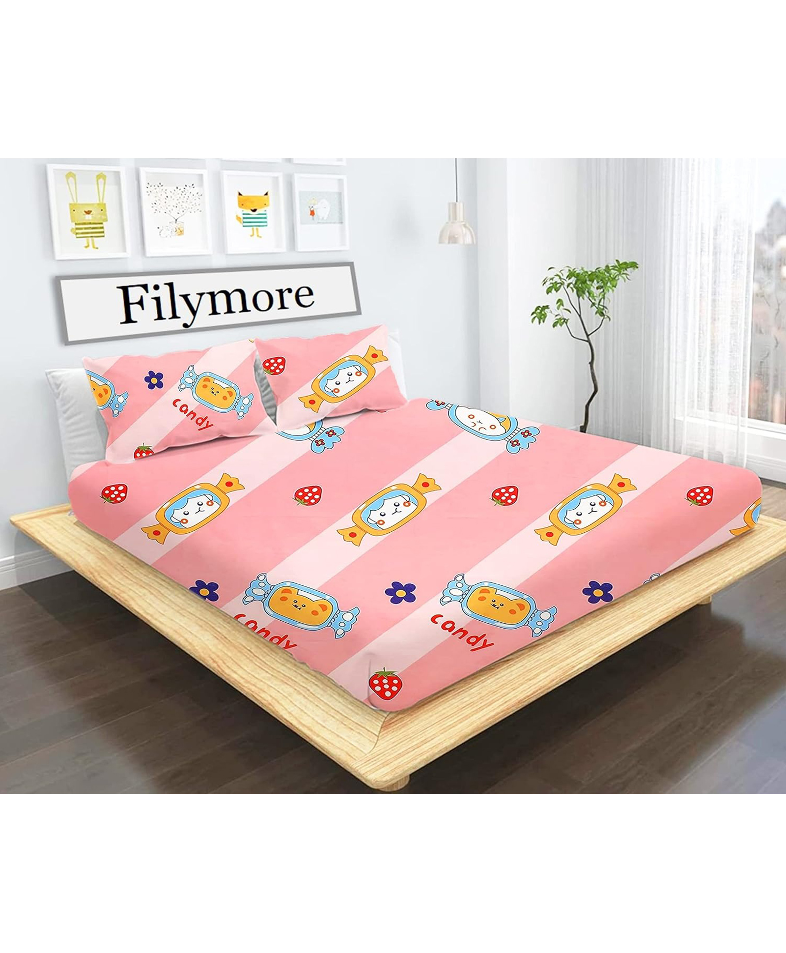 Filymore Cute strawberry candy printed double Bedsheet for kids girls room Made with super soft microfiber Double Bedsheet with 2 Pillow Covers Size 90x90 Inch Pillow Cover Peach and Pink-image-23