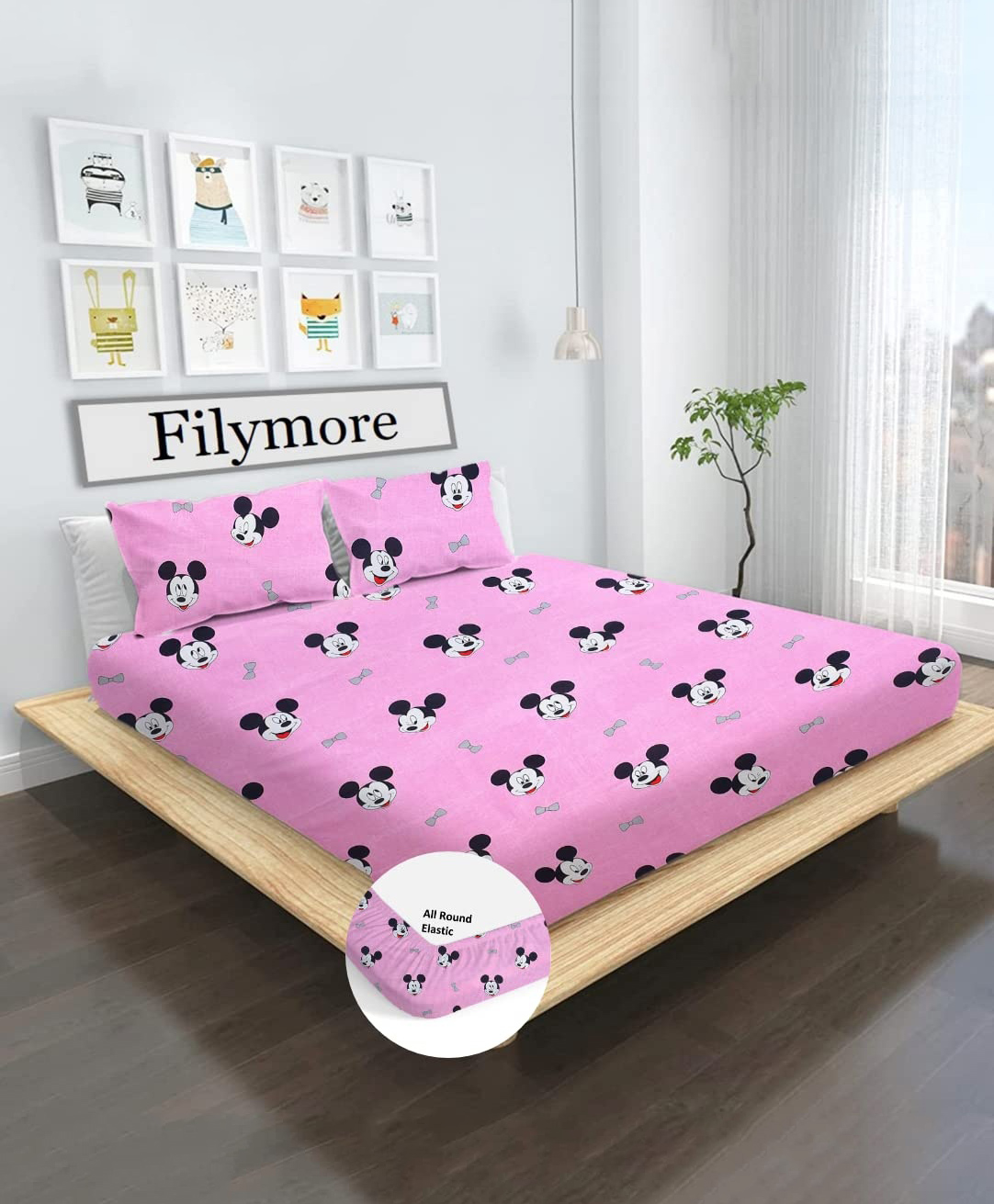 Filymore Mickey mouse Elastic Fitted bedsheet for double bed made with pure microfiber 1 bedsheet and 2 pillow covers mattress Colour Pink and Black-image-40