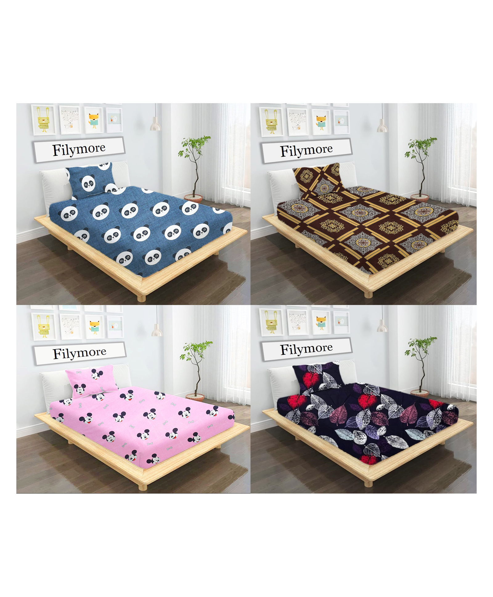 Filymore Floral and Cartoon Printed bedcover Set of 4 Single Bedsheet with Pillow Covers - made with Pure Microfiber (Black,Pink,Brown,White) (Size 90x60 inches)-picture-11