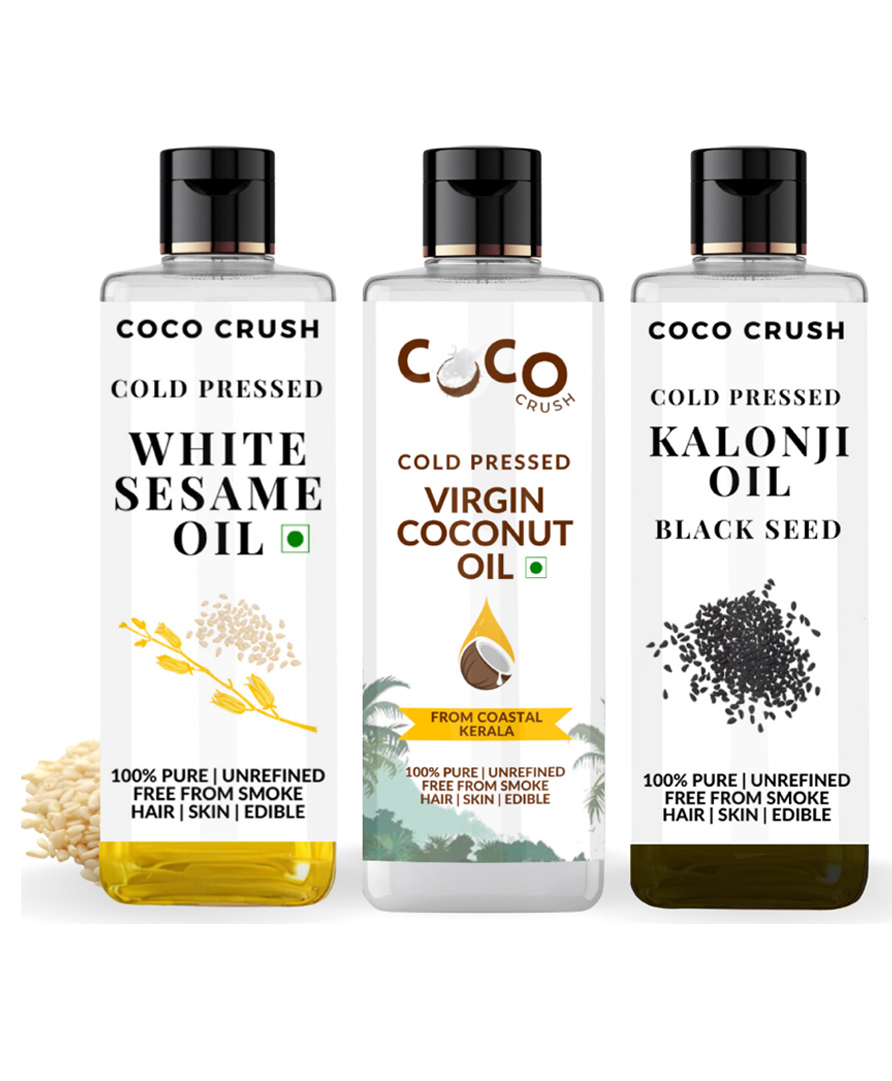 Coco Crush Combo of Virgin Coconut Oil, White Sesame Oil & Kalonji Black Seed Oil | Cold-Pressed & 100% Natural | Pack of 3, 200ml each, 600ml-image-30