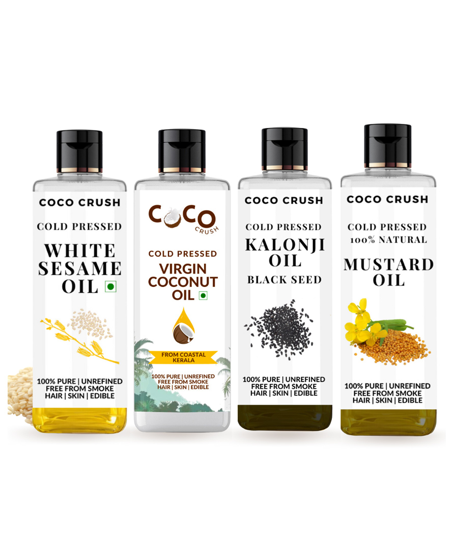 Coco Crush Combo of Cold Pressed Virgin Coconut Oil, White Sesame Oil, Mustard Oil, and Kalonji Black Seed Oil for Massage | Pack of 4 - 50ml each, 200ml-image-33