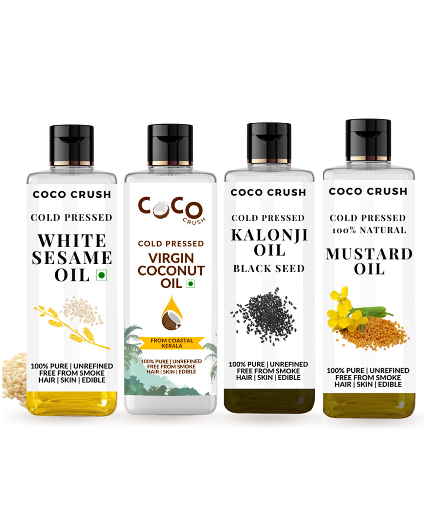 Coco Crush Combo of Cold Pressed Virgin Coconut Oil, White Sesame Oil, Mustard Oil, and Kalonji Black Seed Oil for Massage | Pack of 4 - 200ml each, 800ml-image-32