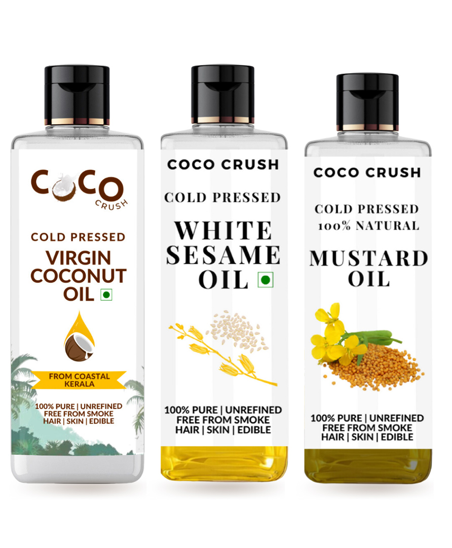 Coco Crush Combo of Virgin Coconut Oil, White Sesame Oil, & Mustard Oil | Cold-Pressed & 100% Natural | Pack of 3, 200ml each, 600ml-image-29