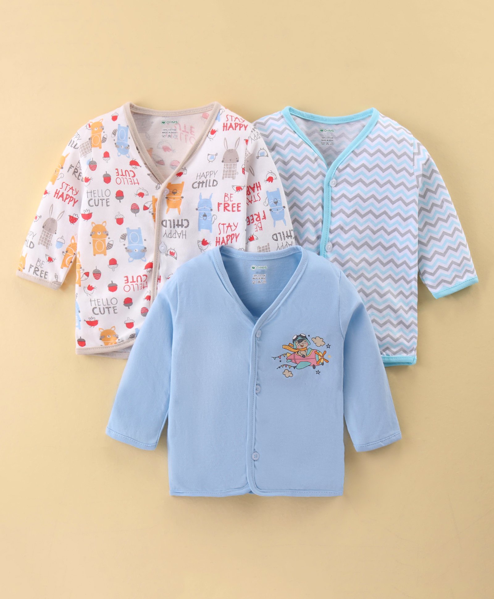 OHMS Single Jersey  Full Sleeves Set Of Vests Animal & Text Print Pack of 3 - White & Blue-image-0