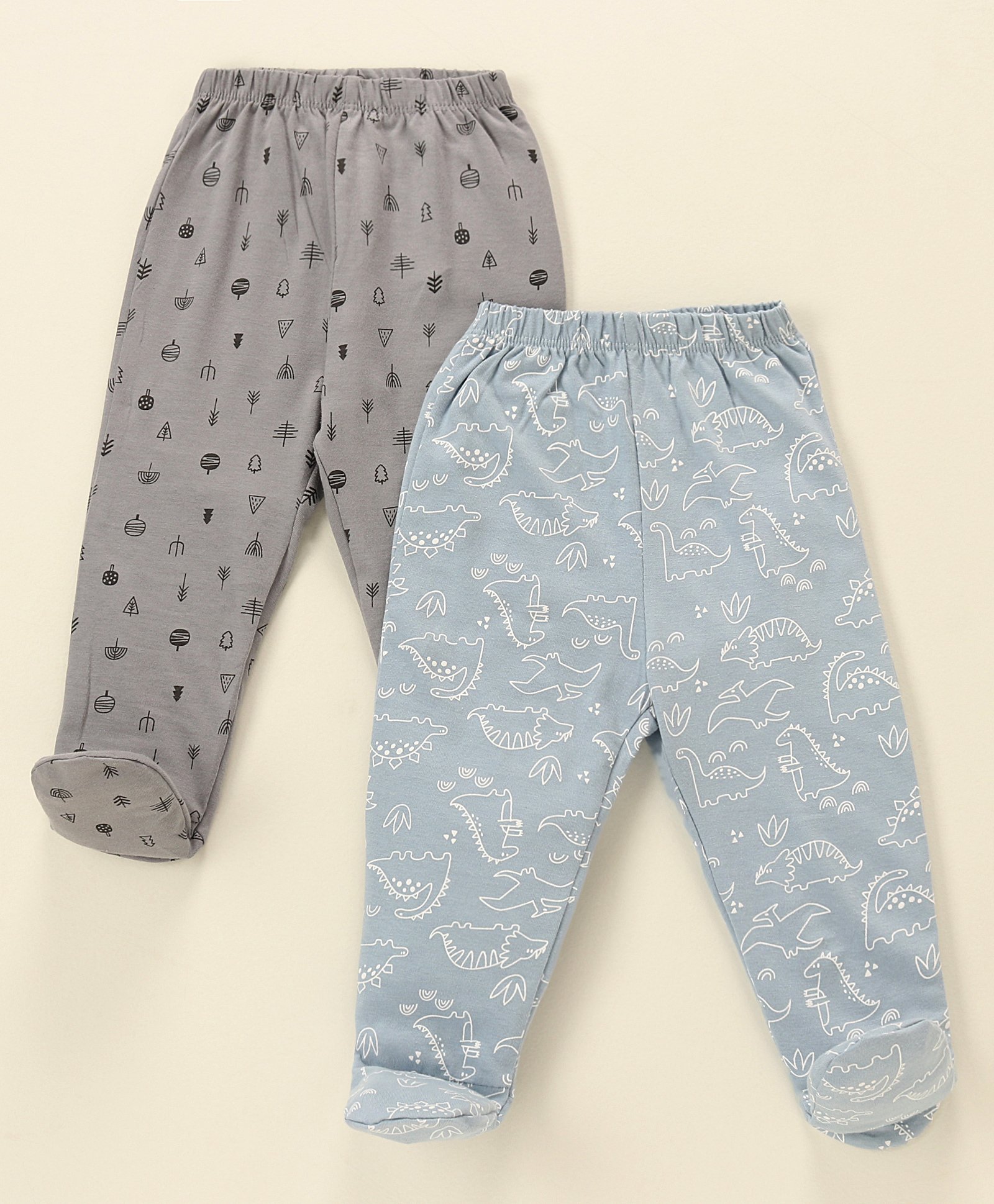 OHMS Single Jersey Knit   Bootie Leggings with Dino & Tree Print Pack of 2 - Blue & Grey-image-0