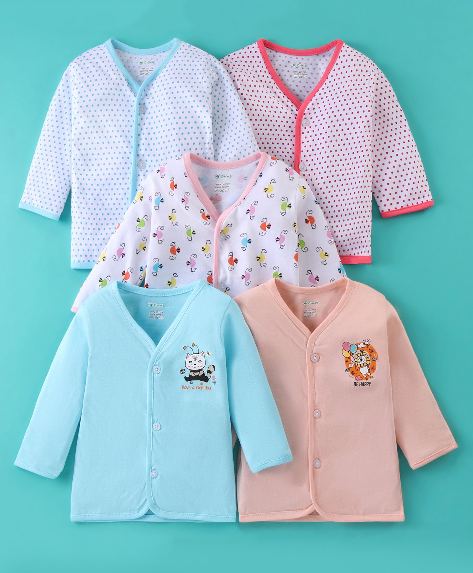 OHMS Single Jersey Knit Full Sleeves Front Open Vests with Polka Dots Sea Horse & Kitty Print Pack of 5 - Blue Peach & White-image-0