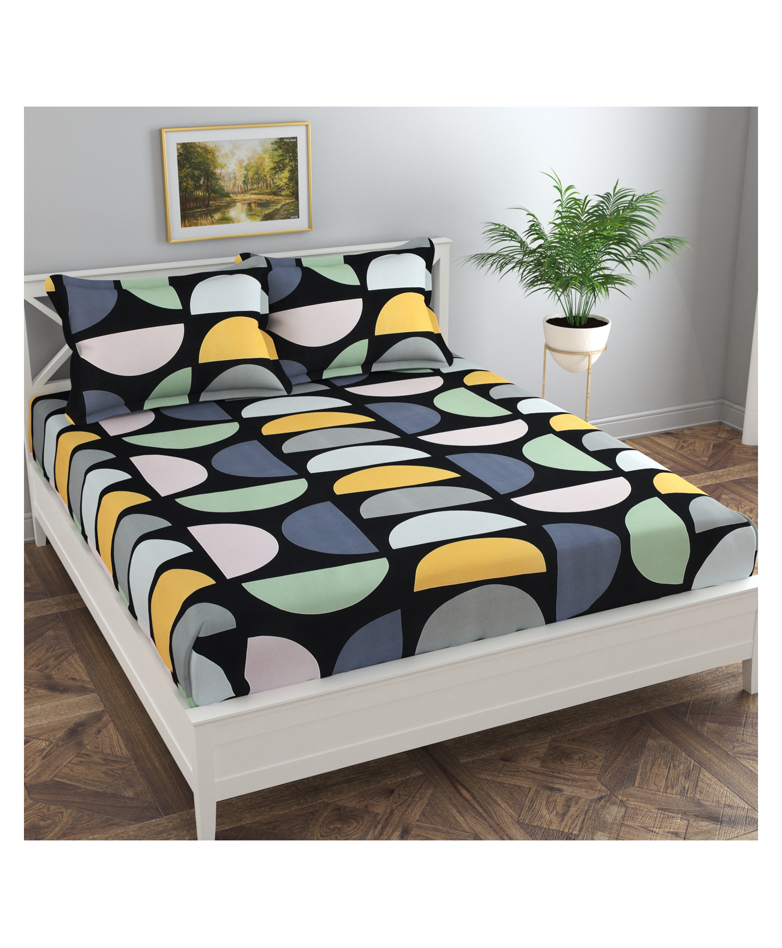 Florida Microfiber Fitted Bedsheet for Double Bed with 2 Pillow Covers - Black-image-29