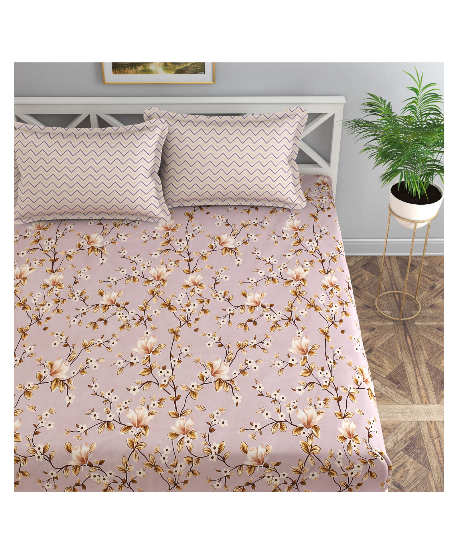 Florida Microfiber Fitted Bedsheet for Double Bed with 2 Pillow Covers - Floral Print, Pink-picture-13