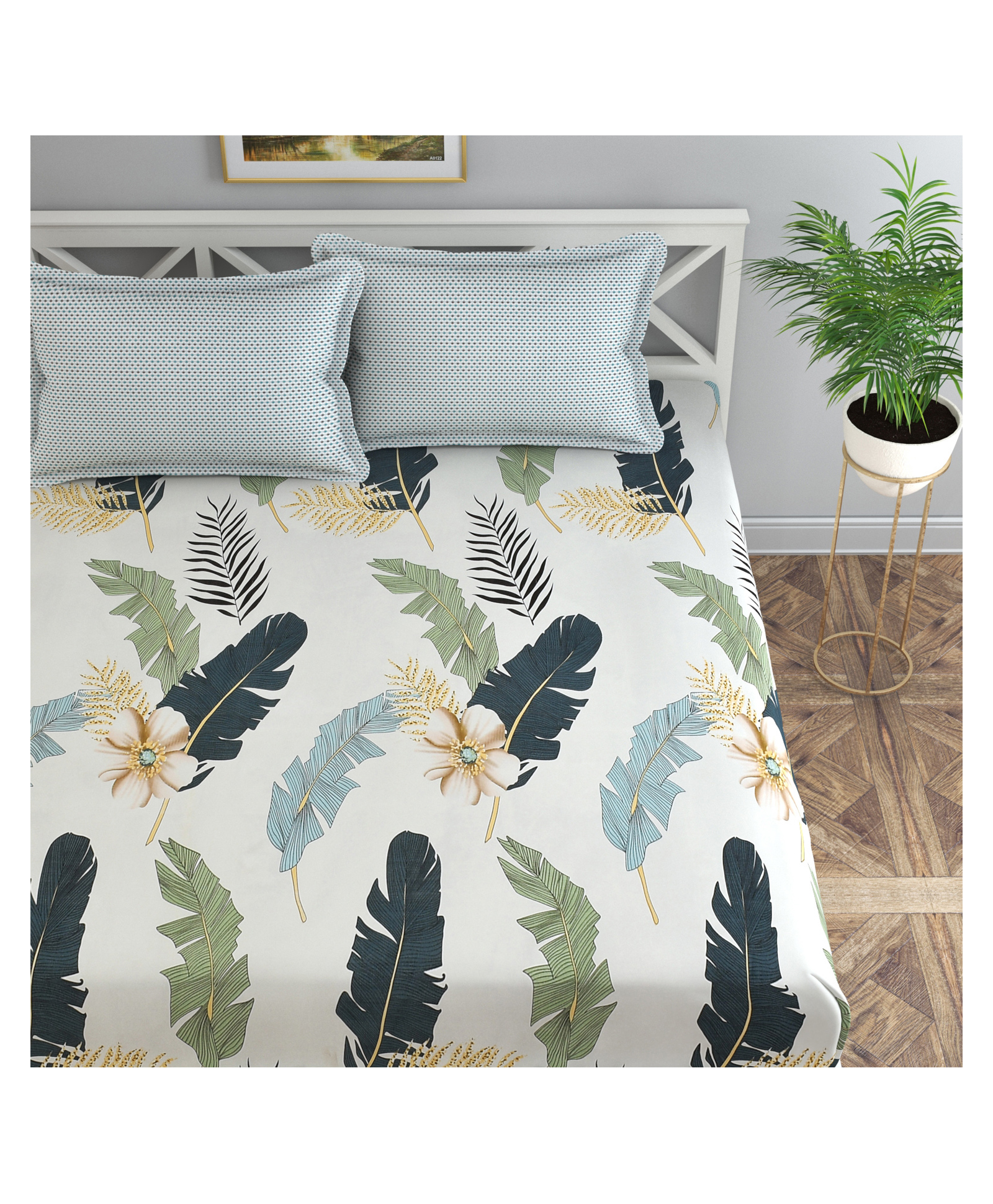 Florida Microfiber Fitted Bedsheet for Double Bed with 2 Pillow Covers - Leaf Printed, White-picture-27