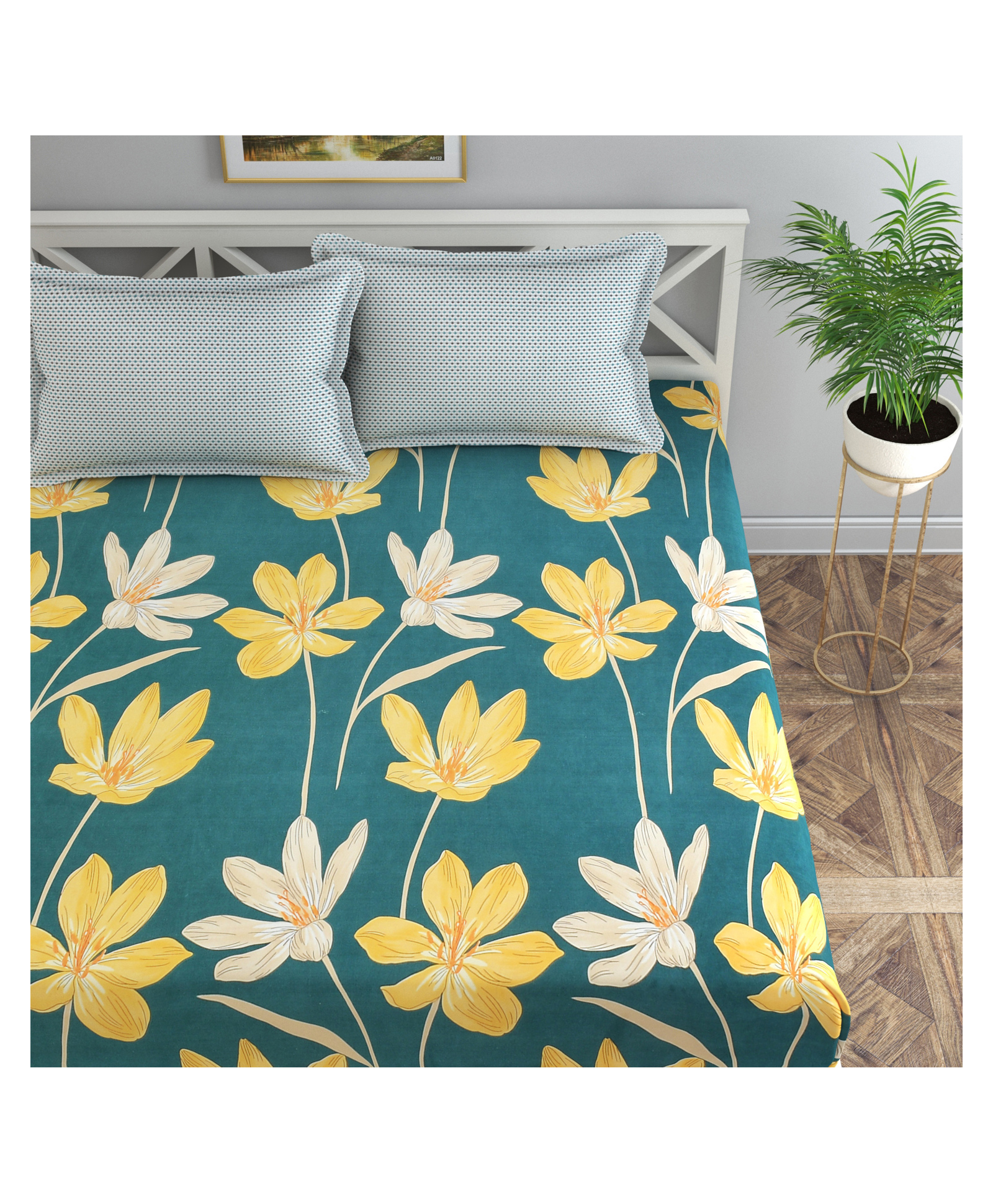 Florida Microfiber Fitted Bedsheet for Double Bed with 2 Pillow Covers - Green-image-27