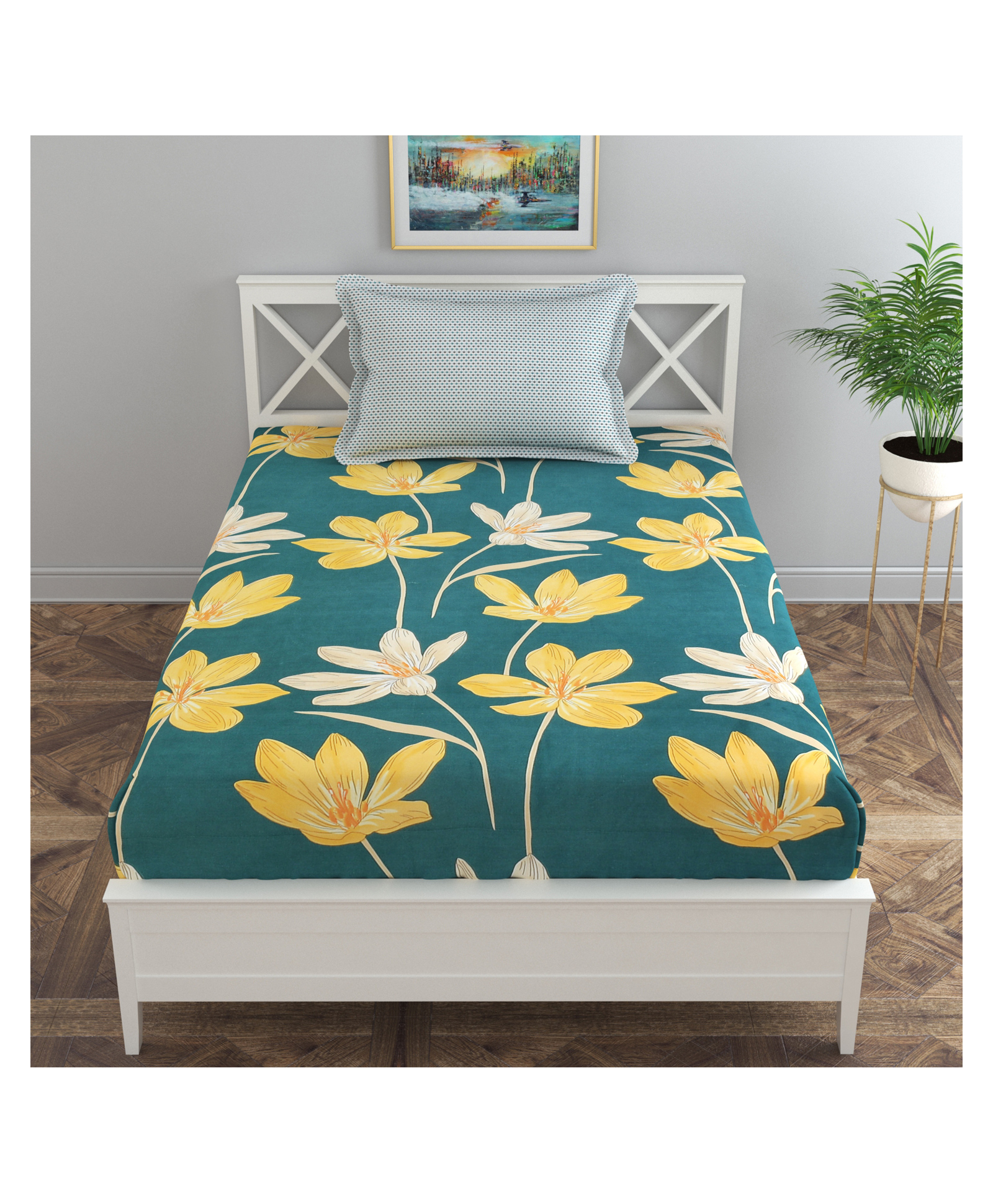 Florida Microfiber Bedsheet for Single Bed with 1 Pillow Cover - Green, Yellow (155 x 228 cm)-image-16