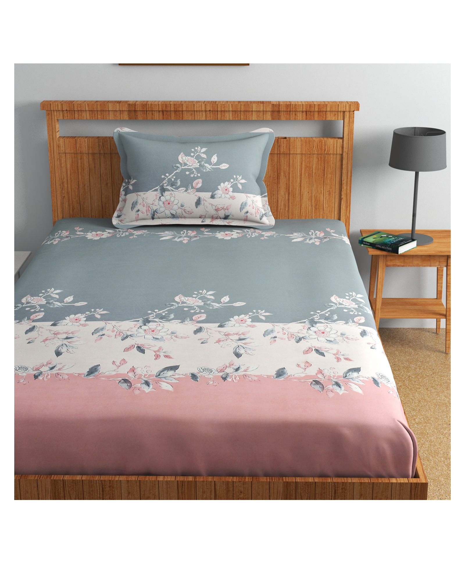 Florida 180 TC Cotton Single Bedsheet with 1 Pillow Cover (155 X 228 cm) - Grey, Pink-picture-10