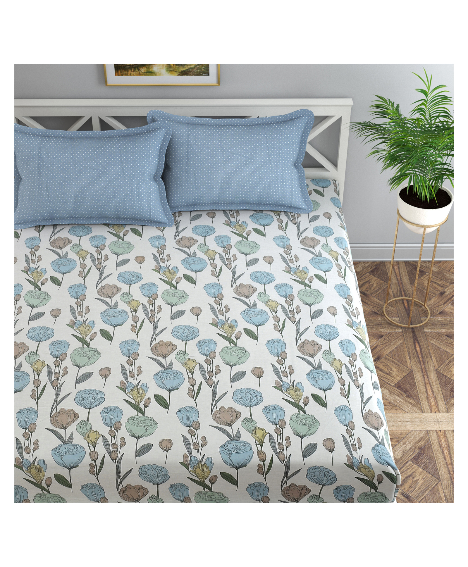 Florida 180 TC Cotton Bedsheet Double Bedsheet with 2 Pillow Covers (228 X 245 cm) - White, Blue-picture-15
