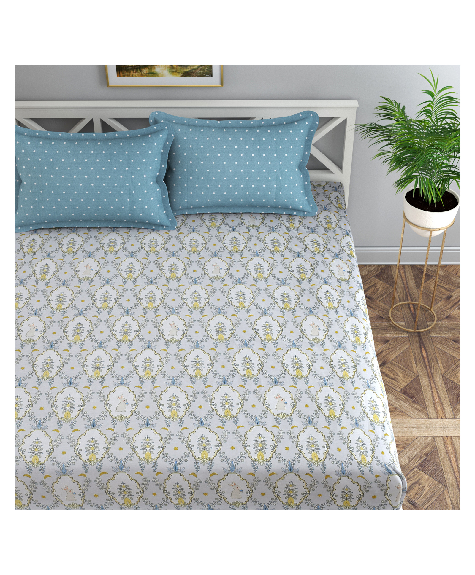 Florida Cotton 300 TC Elastic Fitted King Size Bedsheet for Double Bed with 2 Pillow Covers (182 x 198 cm) - Blue-picture-13
