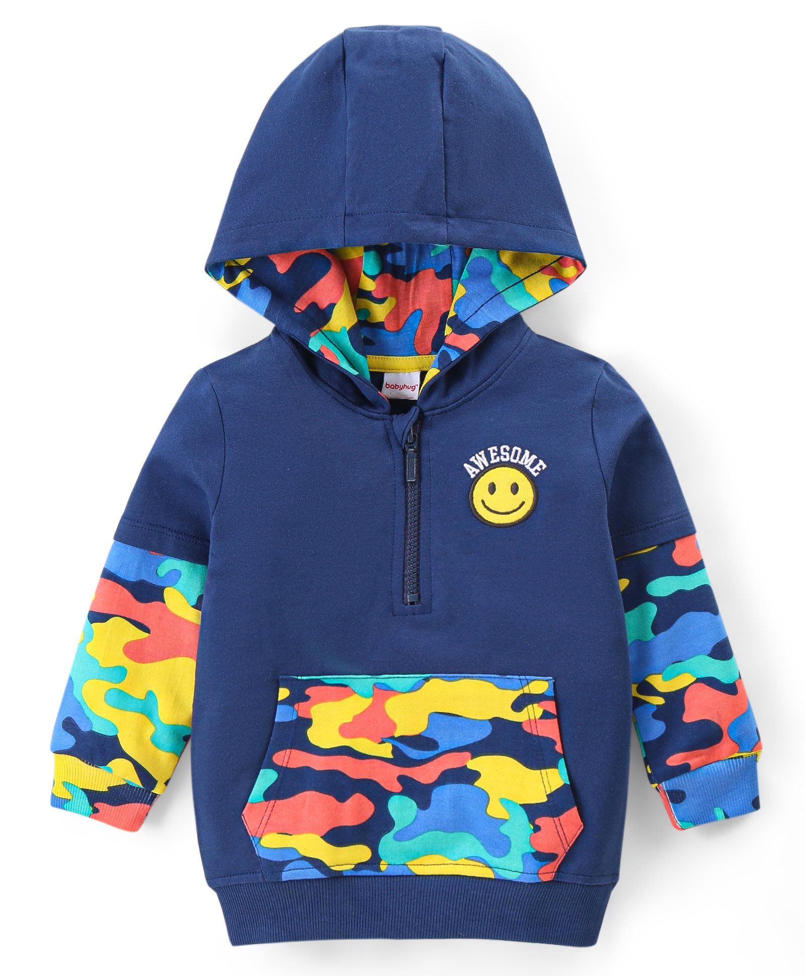 Babyhug Full Sleeves Front Open Sweat Jacket with Hood Zipper & Applique Detailing - Navy Blue-image-20