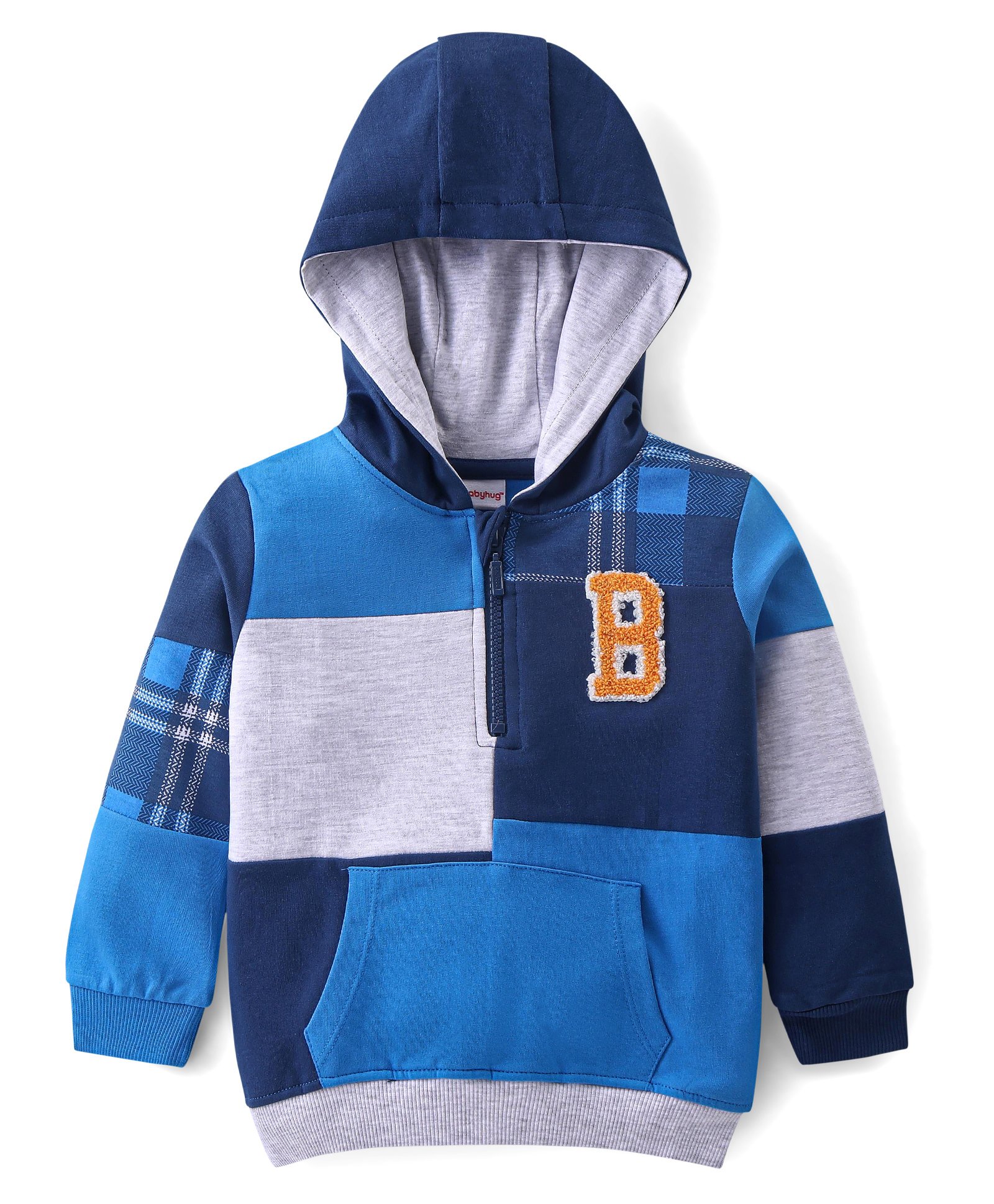 Babyhug Cotton Knit Full Sleeves Cut & Sew Hooded SweatJacket With Kangaroo Pockets - Blue-image-6
