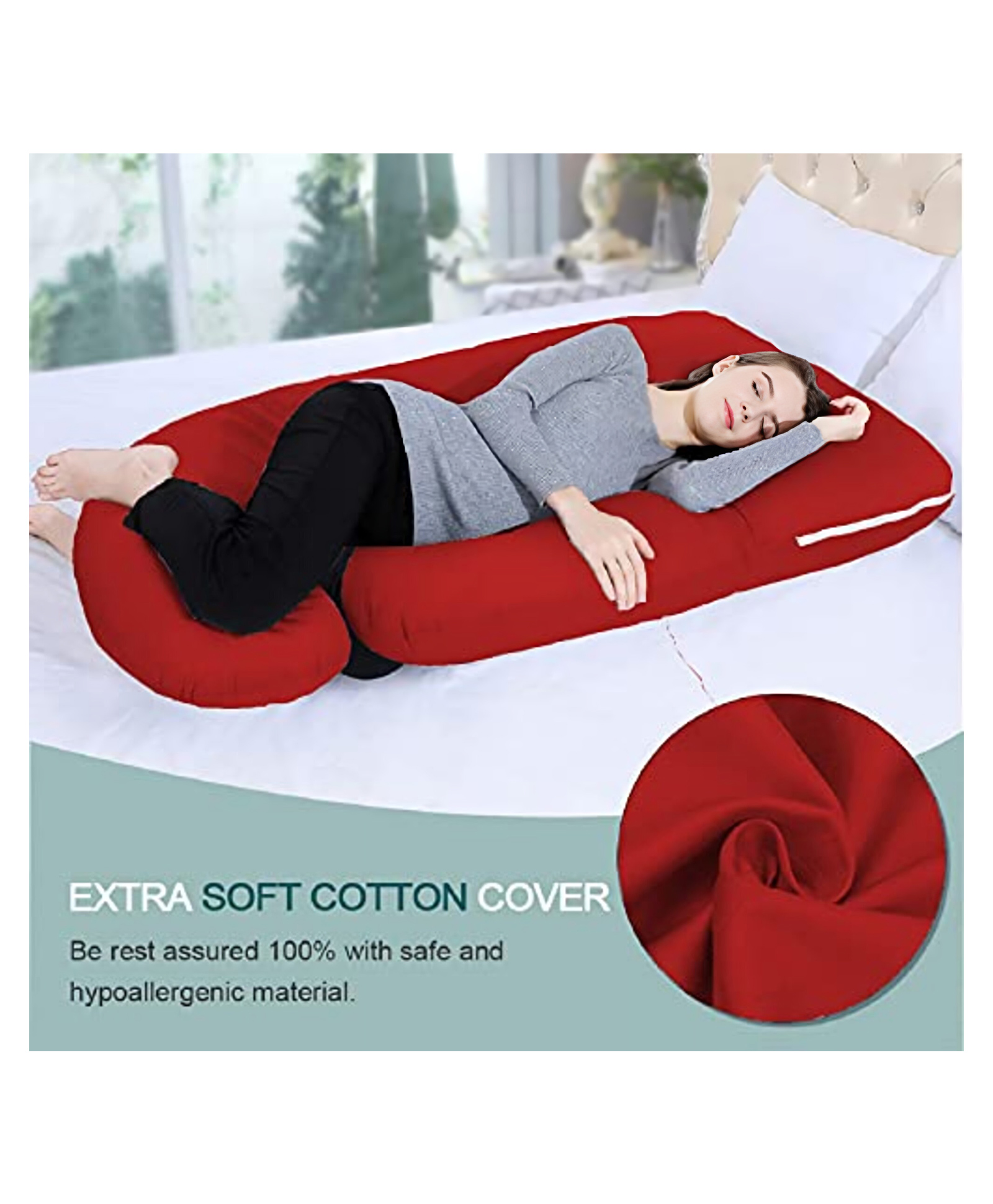 Get It Maternity Pillow Multi Usage Premium J Shape 100% Cotton Removable Cover wIth Zip - Maroon-image-18