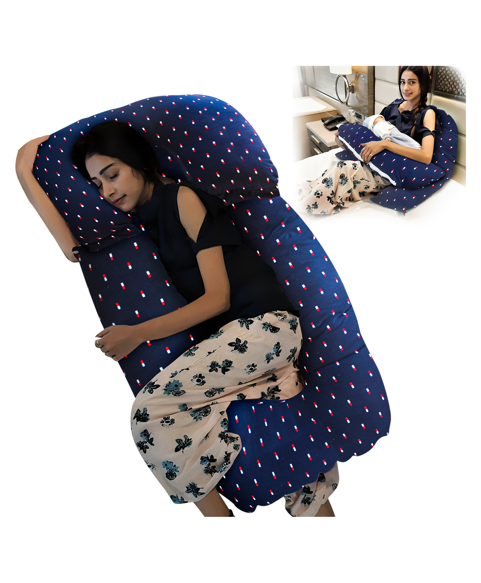 Get It Maternity Pillow Premium 3 in 1 Multi Usage as Breastfeeding , Baby Guard  100% Cotton Removable Cover with Zip - Navy Blue Print-picture-32