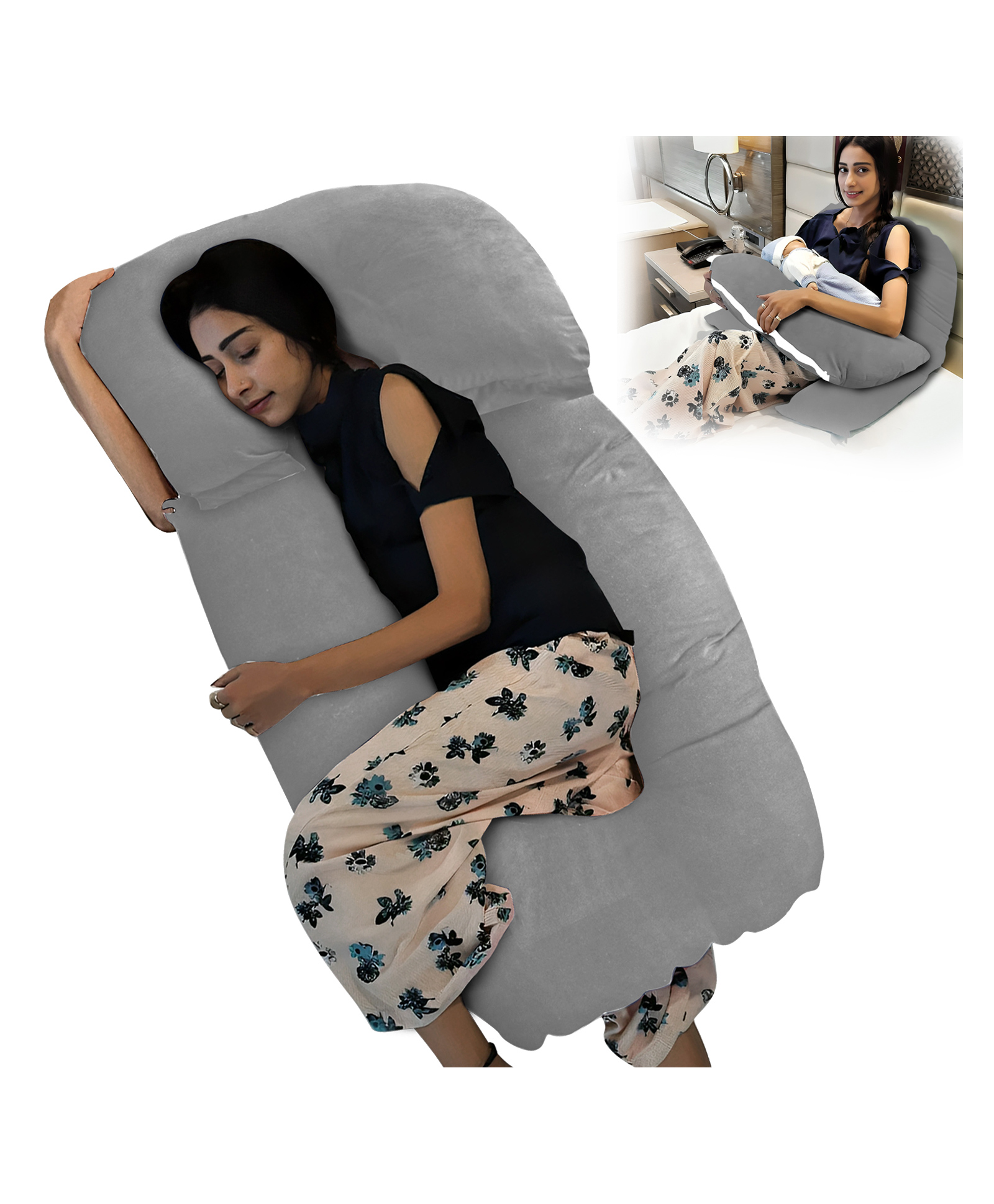 Get It Maternity Pillow Premium 3 in 1 Multi Usage as Breastfeeding , Baby Guard 100% Cotton Removable Cover with Zip - Grey Plain-picture-36