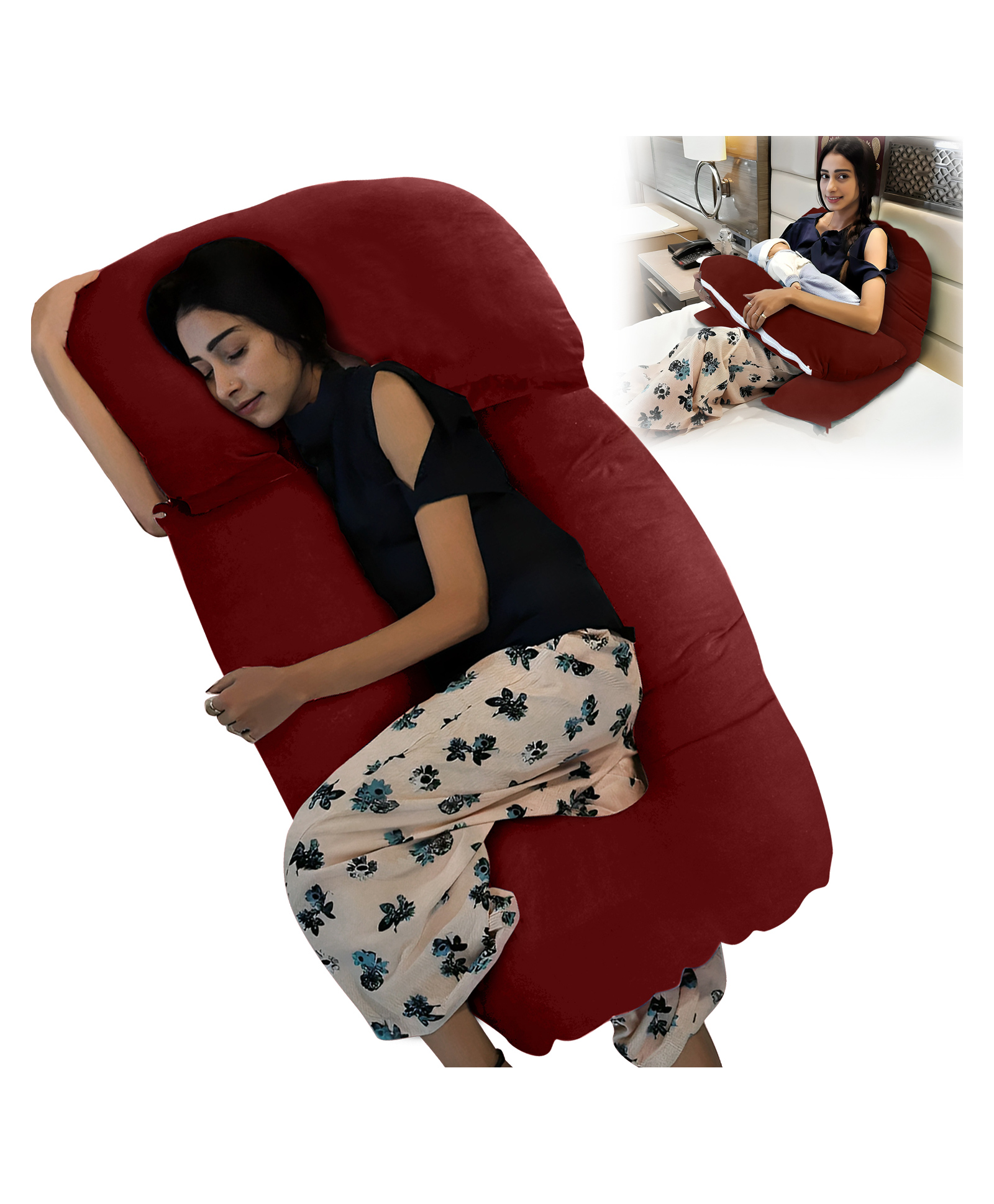 Get It Maternity Pillow Premium 3 in 1 Multi Usage as Breastfeeding , Baby Guard 100% Cotton Removable Cover with Zip - Maroon Plain-picture-35