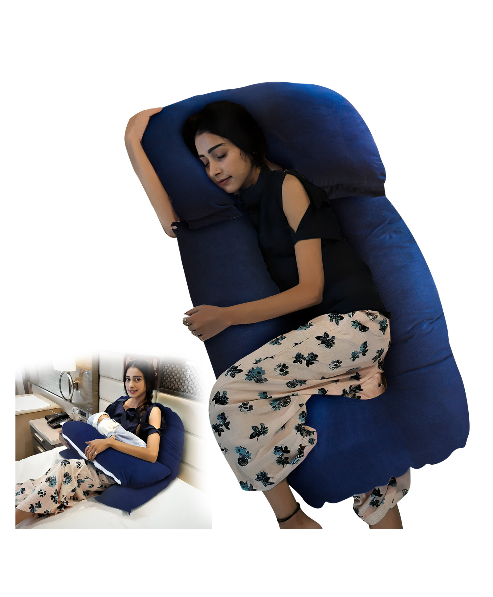Get It Maternity Pillow Premium 3 in 1 Multi Usage as Breastfeeding , Baby Guard 100% Cotton Removable Cover with Zip - Navy Blue Plain-picture-33