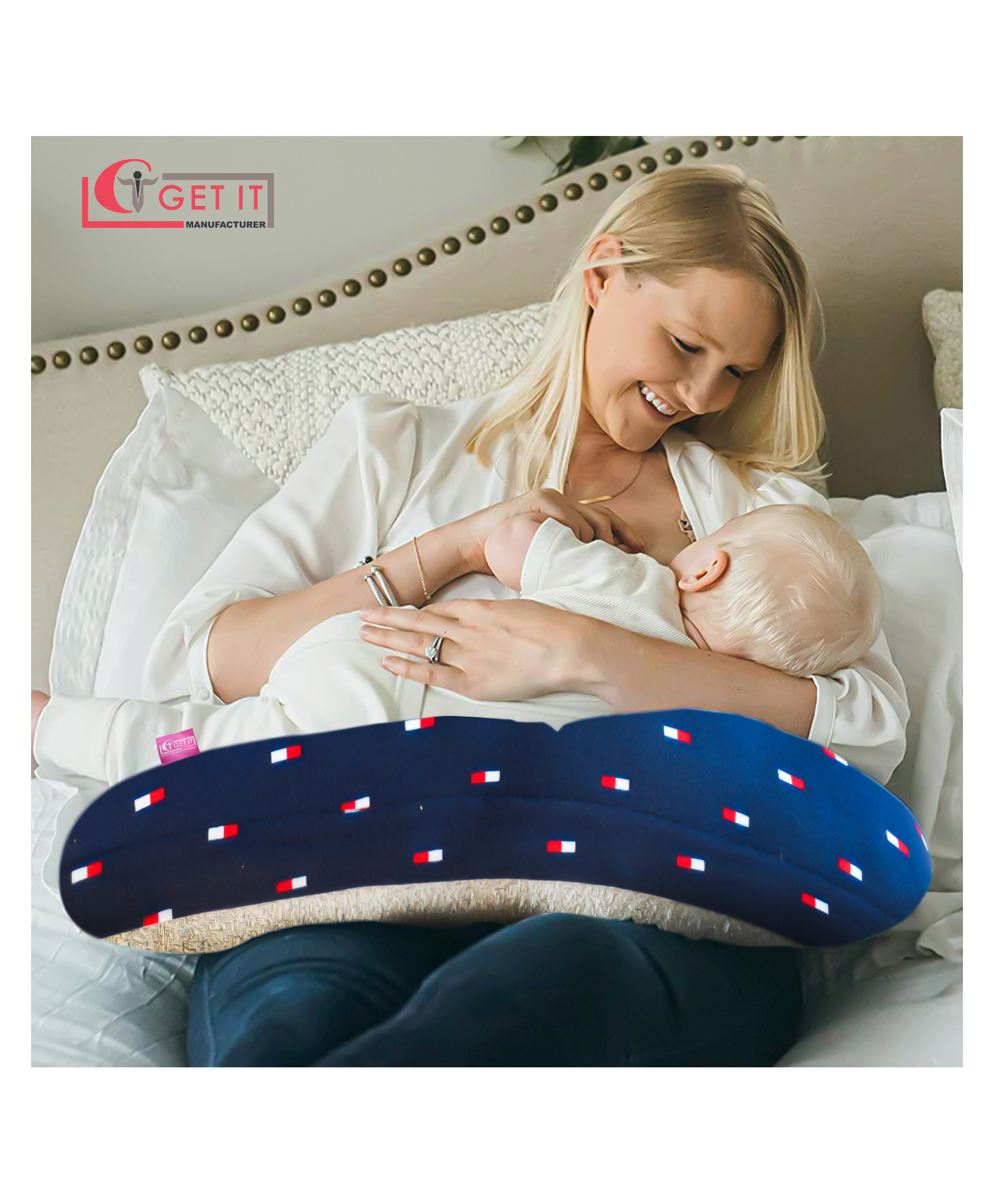 Get It Premium 2 In 1 Model 100 % Cotton Extra Large Breastfeeding Recron Pillow Removable cover with Zip Buckle Adjust One Side Dry Sheet Grey - Navy Blue Print-picture-13