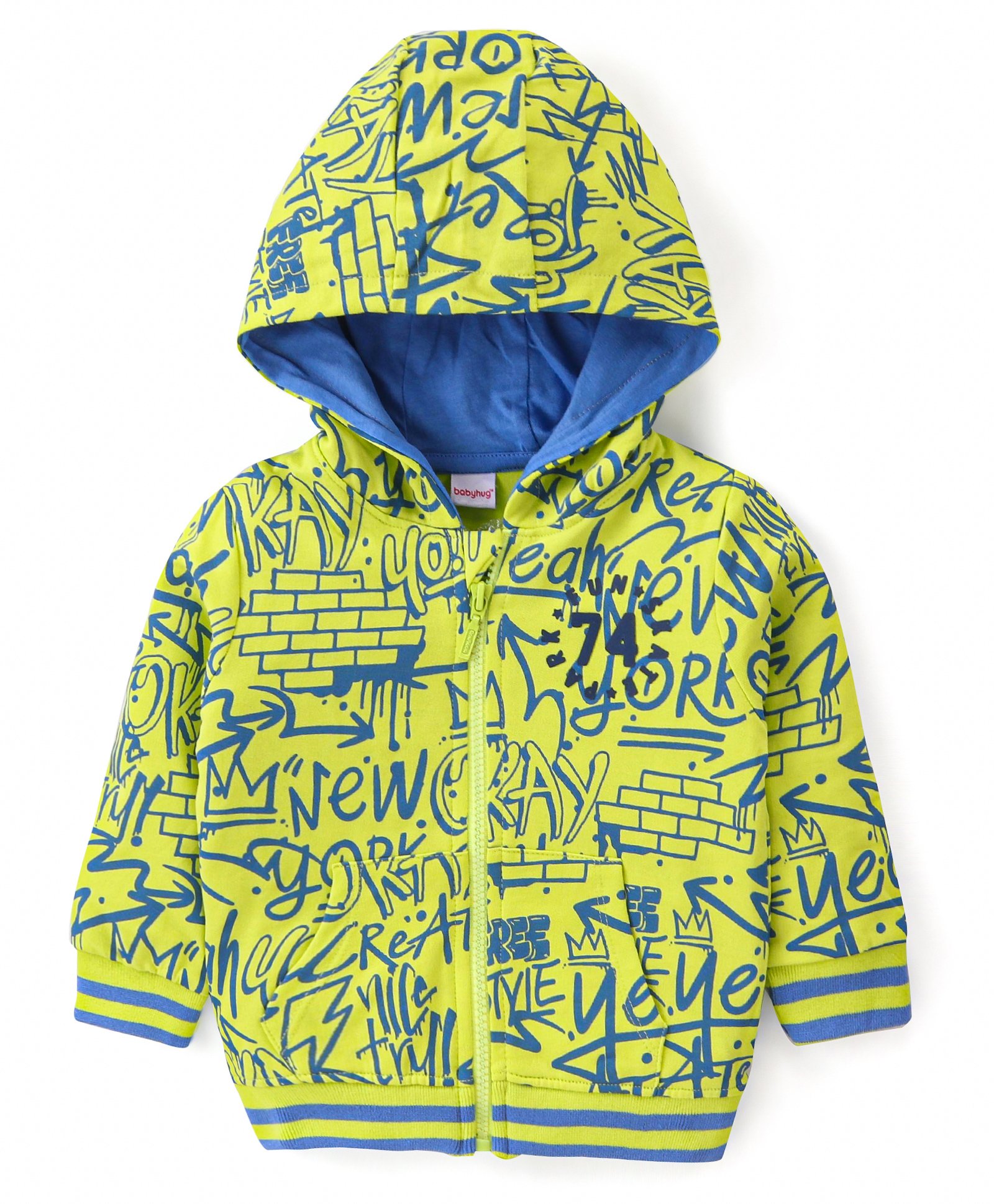 Babyhug Cotton Knit Full Sleeves Front Open Hooded Sweat Jacket with Zipper & Text Print - Yellow-picture-13