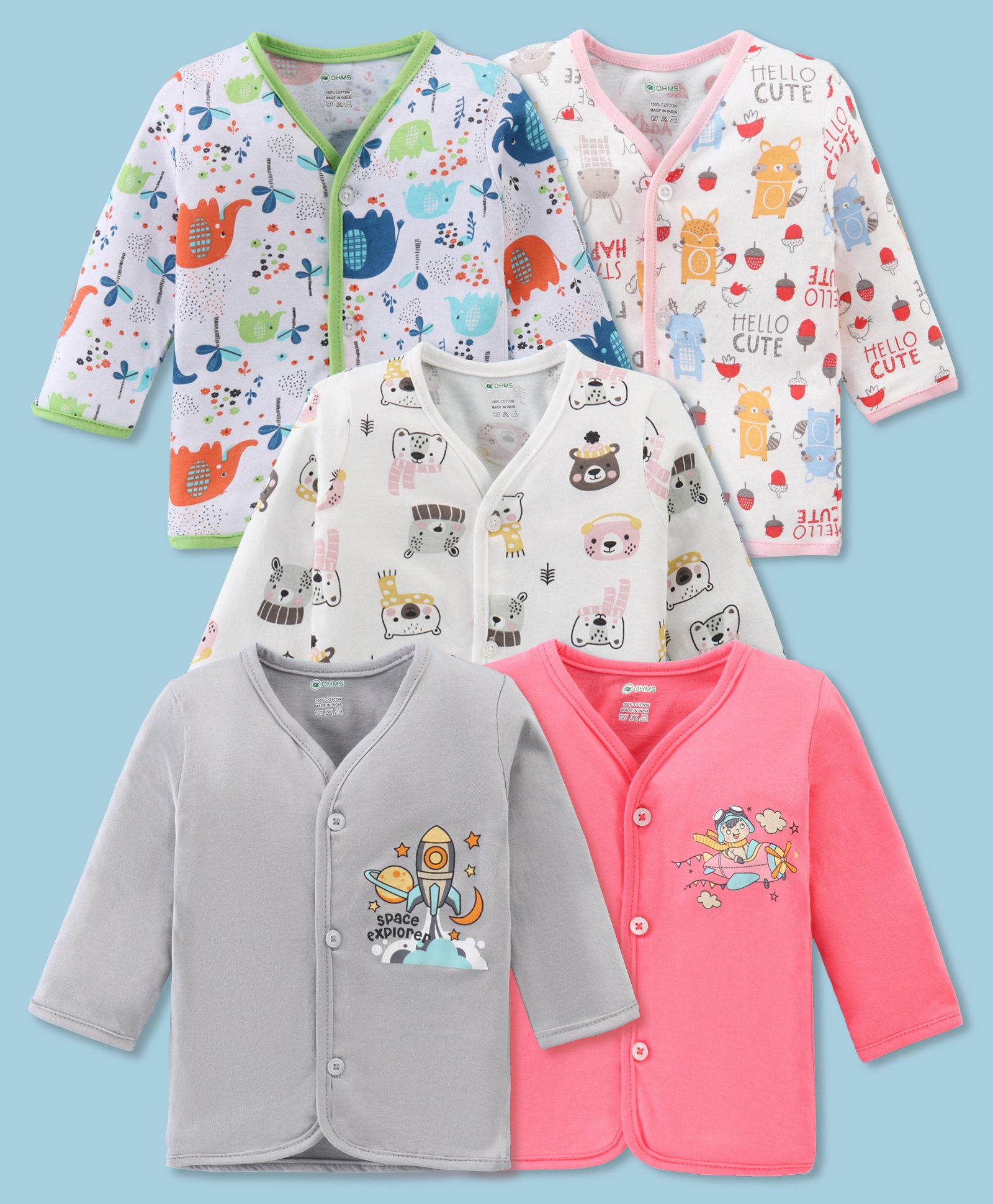 OHMS Single Jersey Knit Full Sleeves Front Open Jhablas with Bear & Rocket Print Pack of 5 - White Peach & Grey-image-35