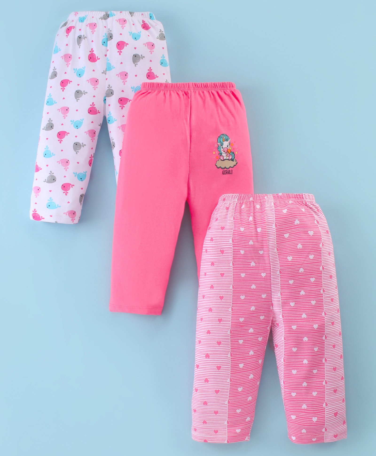 OHMS Single Jersey Knit Full Length Lounge Pants With Hearts & Unicorn Print Pack Of 3 - Pink & Off White-image-47