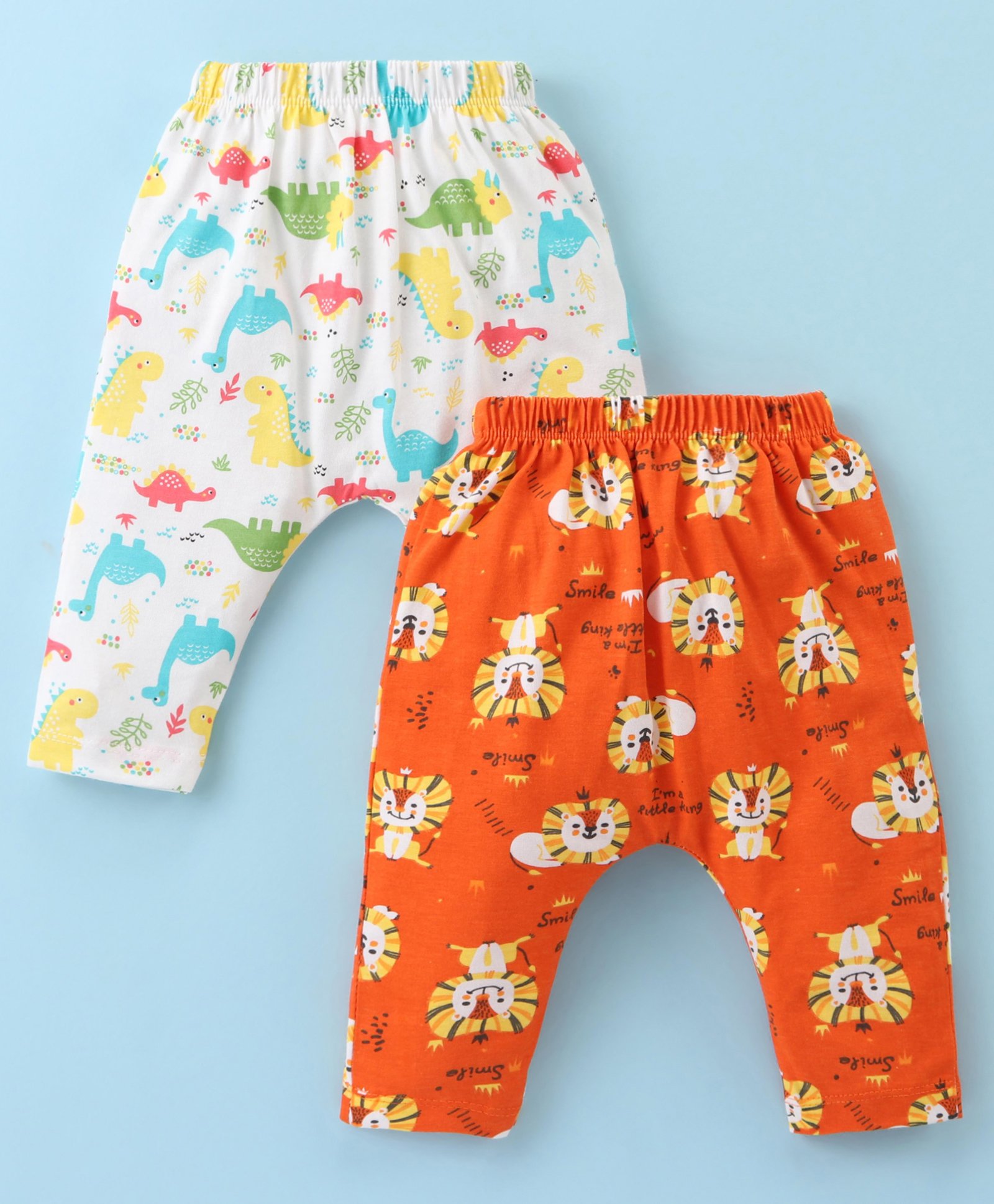 OHMS Single Jersey Knit Full Length Diaper Leggings With Lion & Dinosaurs Print Pack Of 2 - Orange & Off White-image-9