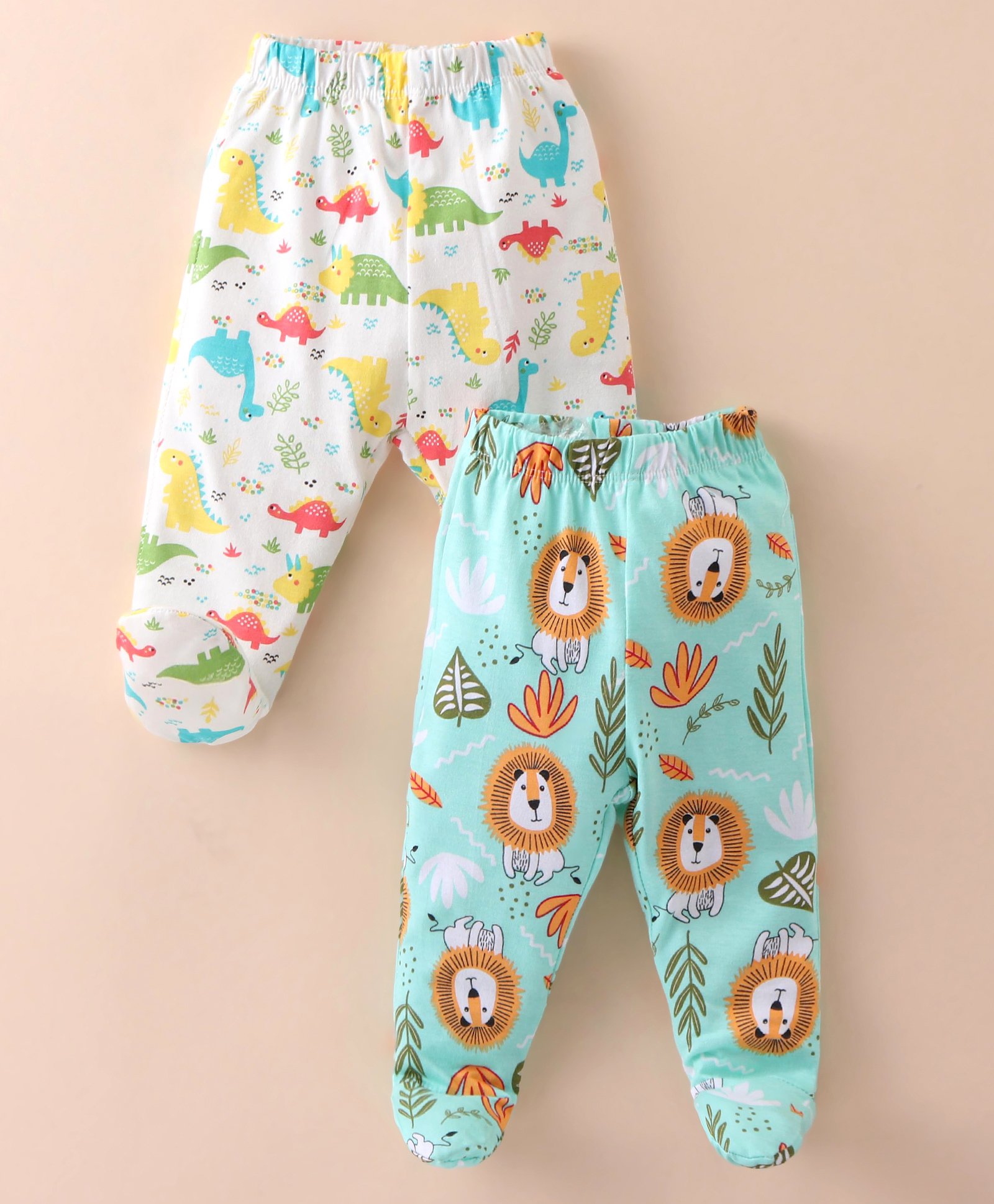 OHMS Single Jersey Knit Footed Bootie Leggings With Lion & Dinosaurs Print Pack Of 2 - Light Blue & Off White-image-41