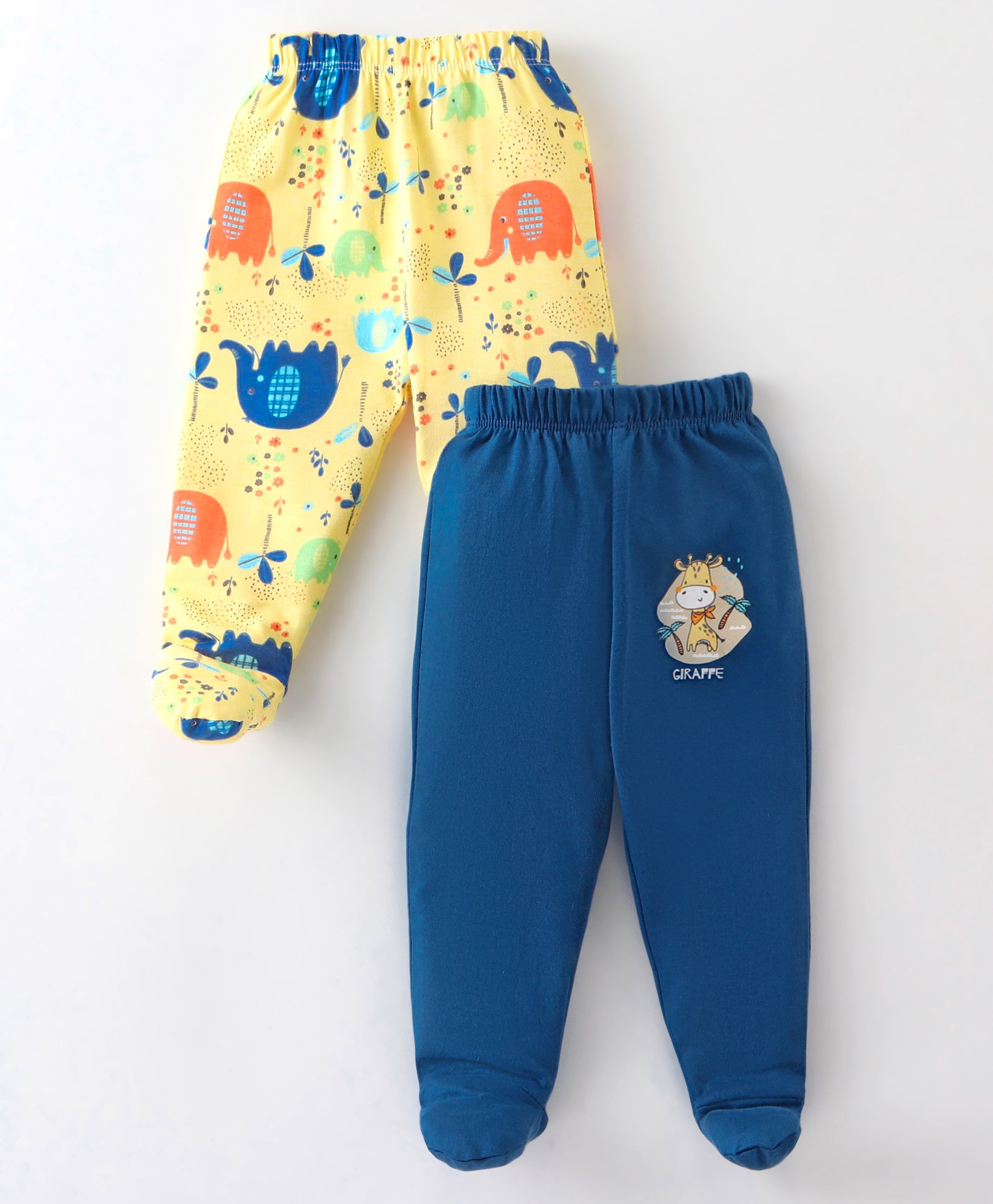 OHMS Single Jersey Knit Footed Bootie Leggings With Animals Print Pack Of 2 - Blue & Yellow-image-36