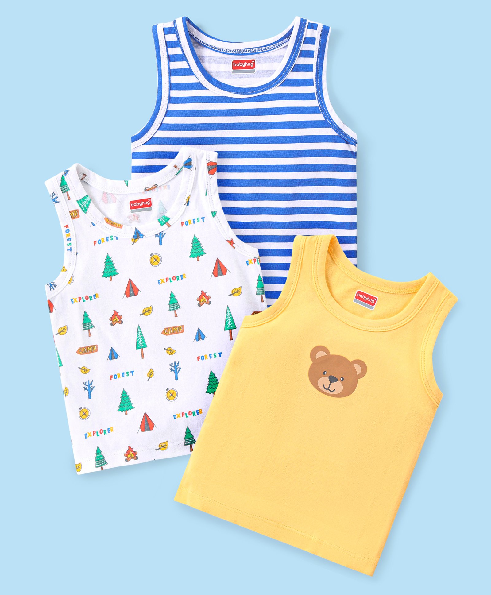 Babyhug 100% Organic Cotton Knit Sleeveless Set of  Vests with Striped & Bear Print Pack of 3 - Multicolour-picture-27
