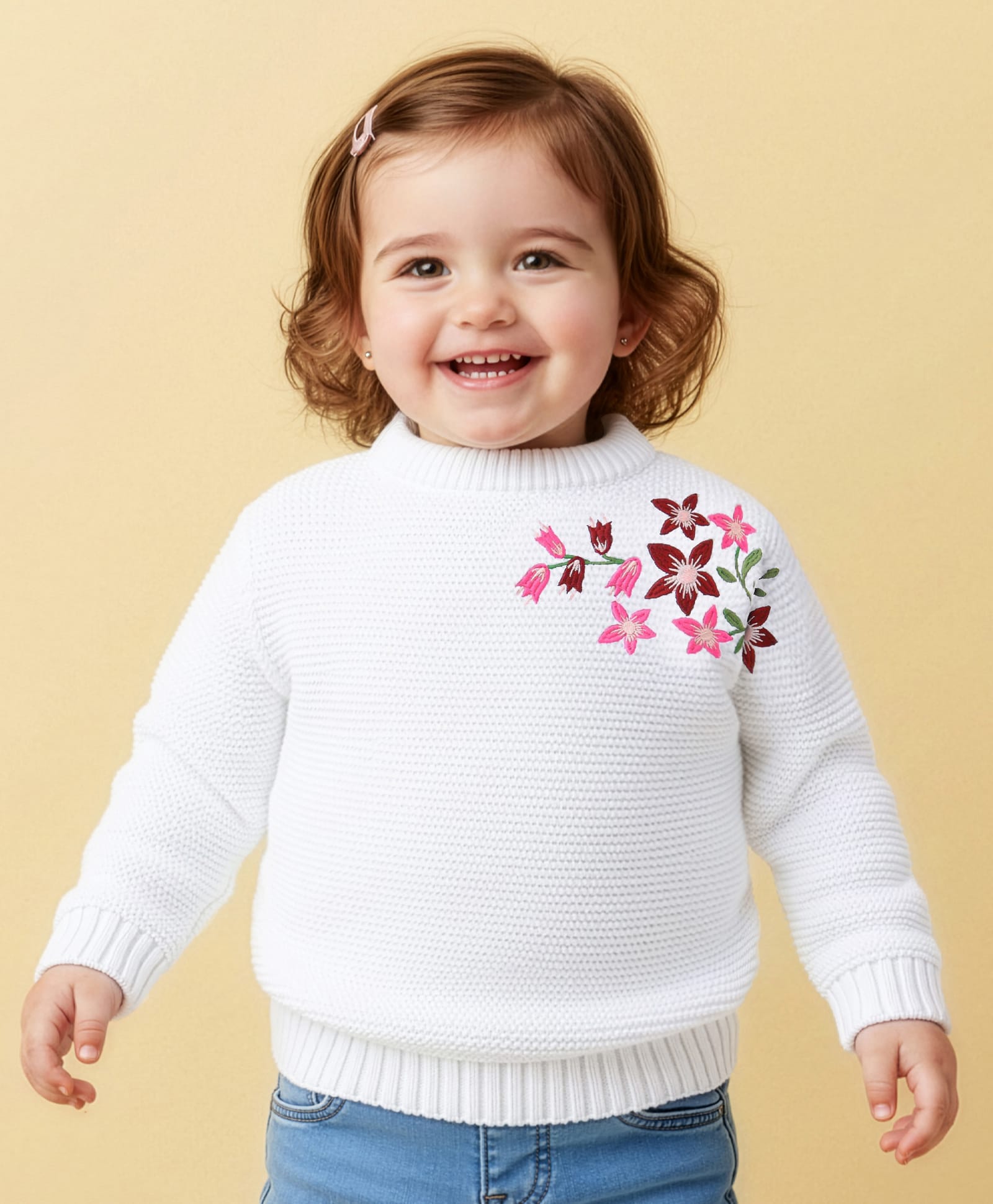 Babyoye Knitted Full Sleeves Pullover Sweater with Floral Embroidery - White-picture-27