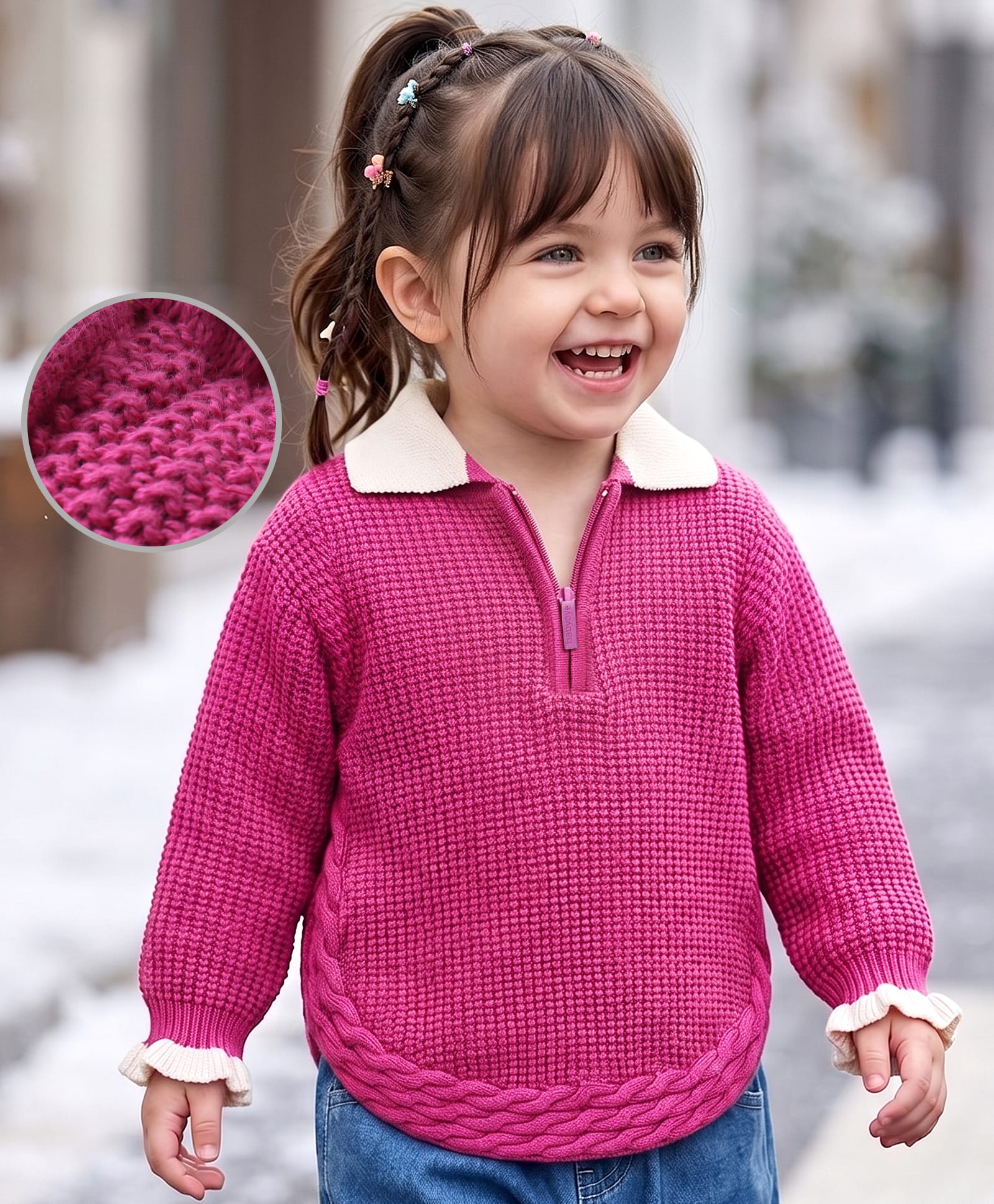 Babyhug Cotton Knit Full Sleeves Pullover Sweater With Cable Knit Design - Pink-image-9