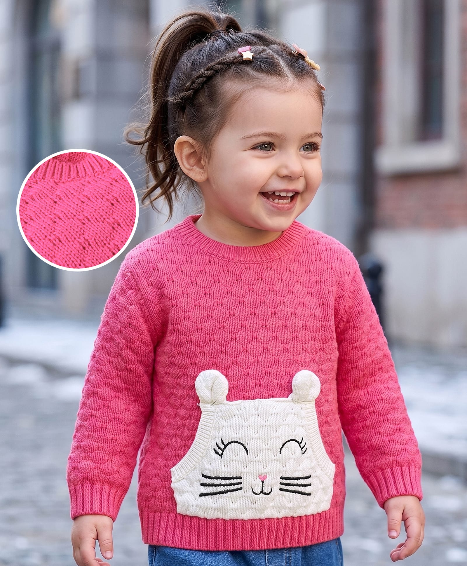 Babyoye Cotton Knit Full Sleeves Pullover Sweater with Bunny Patch Applique - Pink-image-40