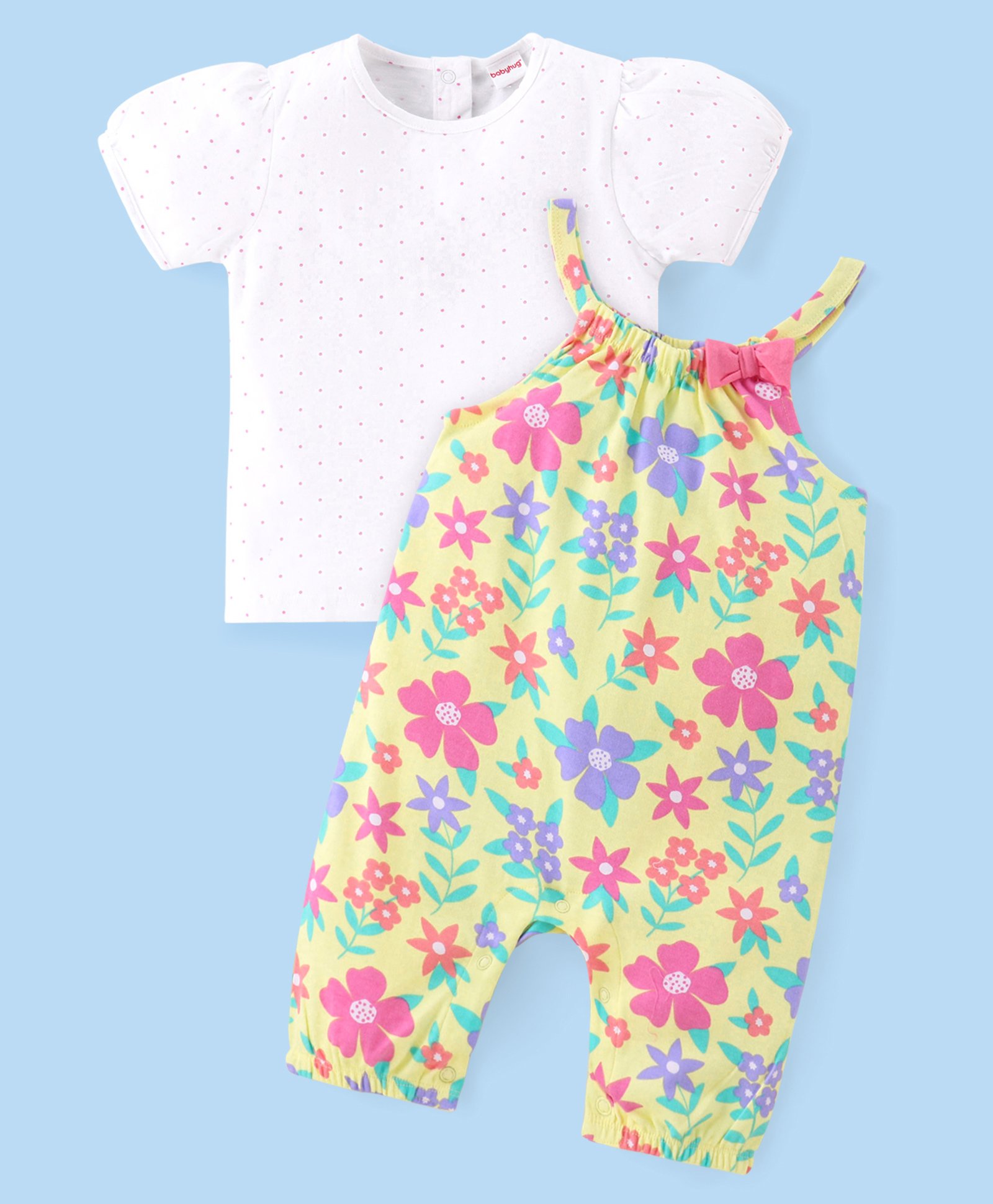 Babyhug Single Jersey Knit Half Sleeves T-Shirt & Dungaree Set Floral Print - Multicolor-image-14