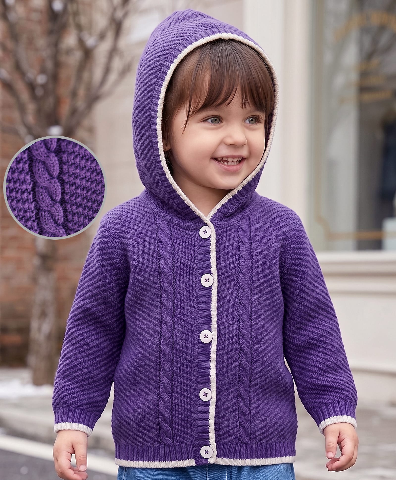 Babyoye Knitted Full Sleeves Front Open Hooded Sweater With Pearl Knit Design - Purple-picture-31
