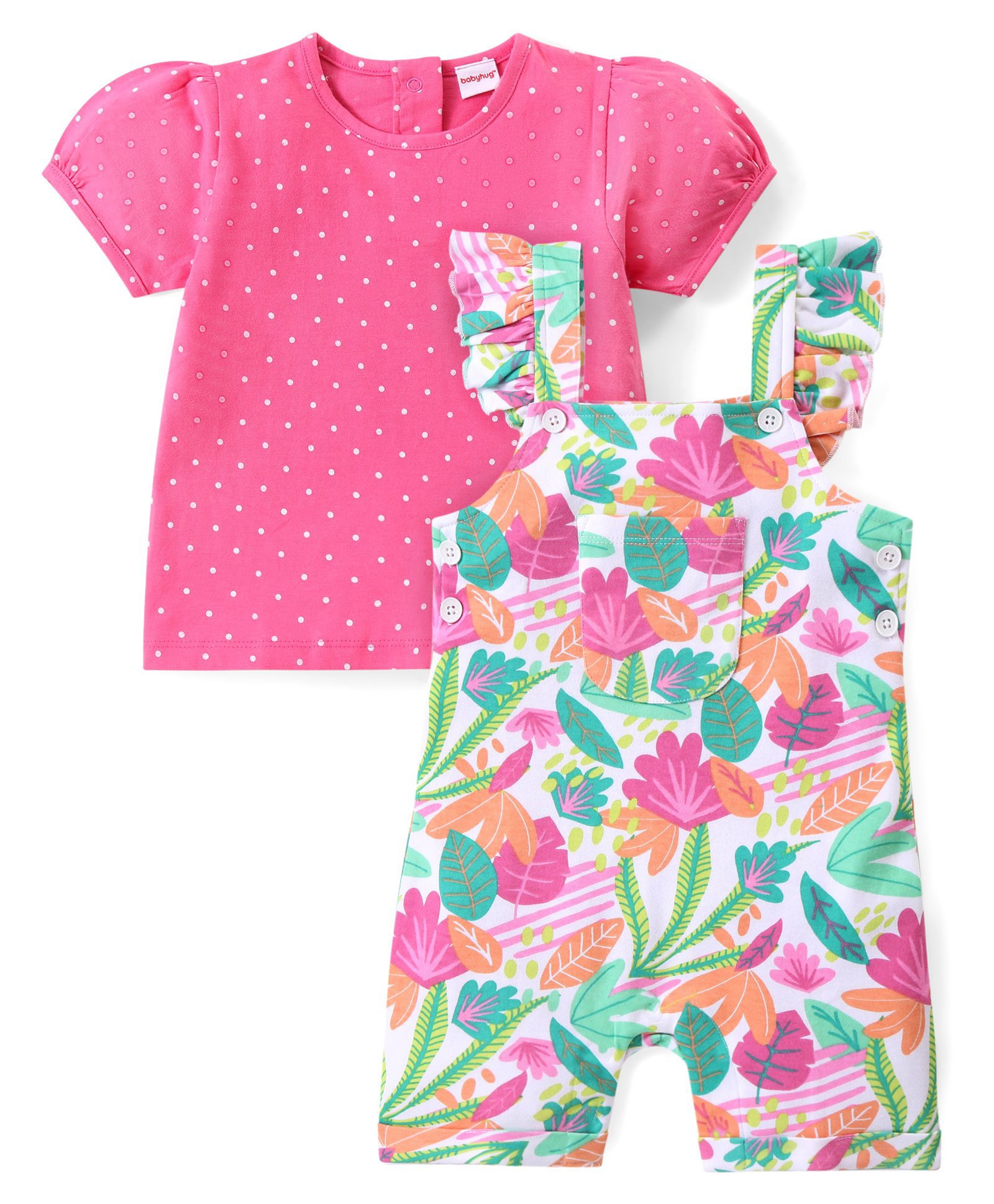 Babyhug Single Jersey Knit Dungaree with Frill Detailing & Half Sleeves T-Shirt Polka Dots & Leaves Print - Multicolour-image-17