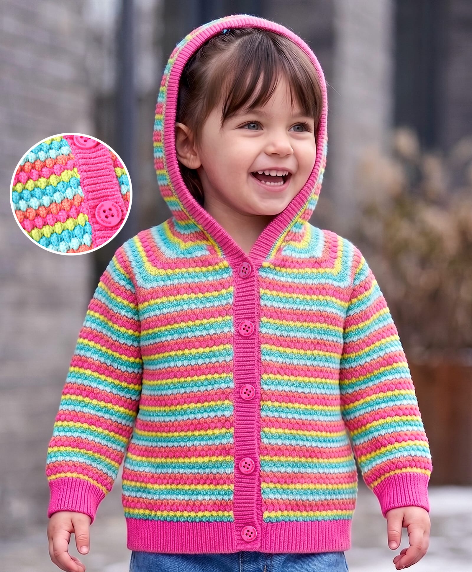 Babyoye Knitted Full Sleeves Striped Front Open Hooded Sweater - Dark Pink & Green-image-13