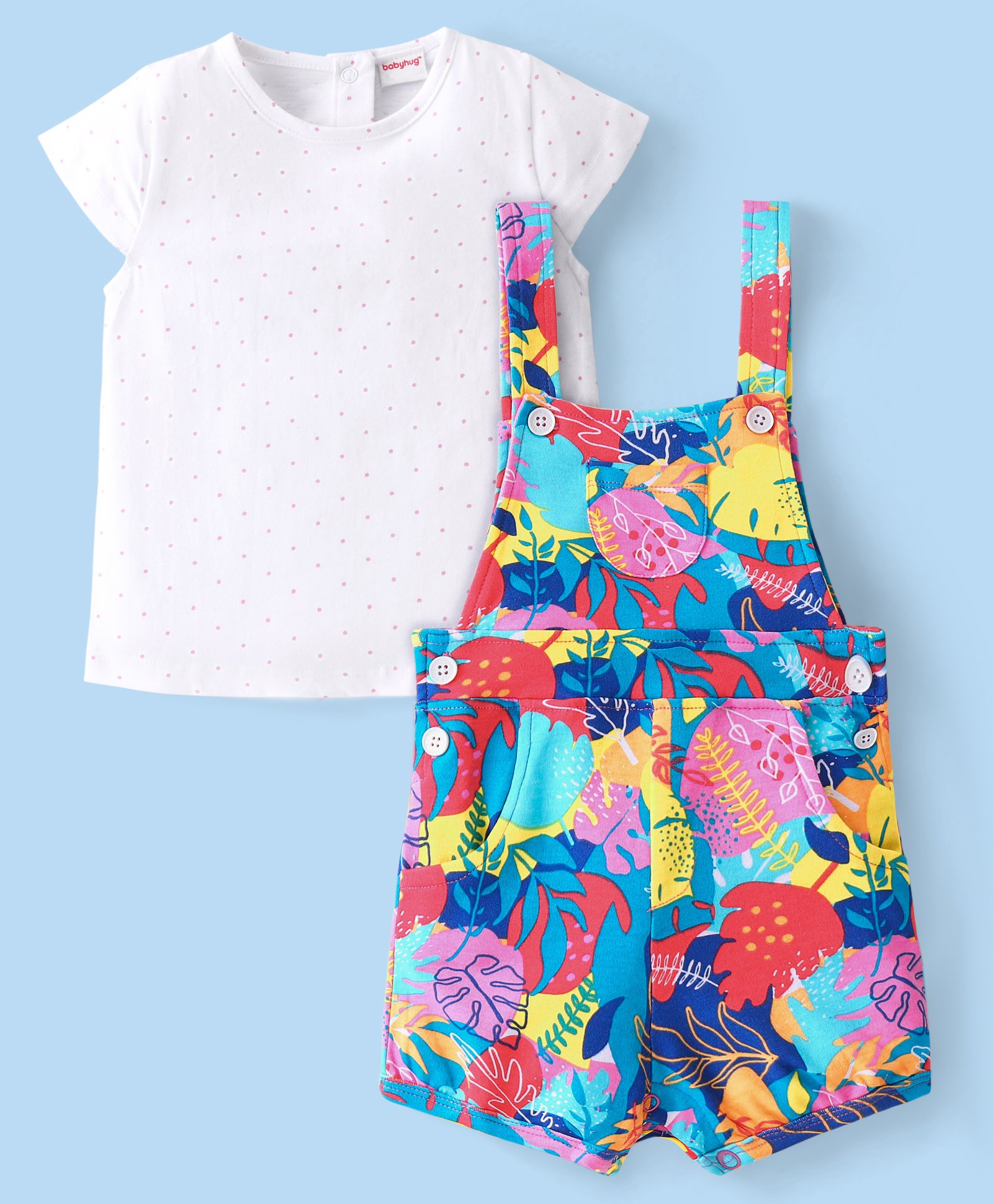 Babyhug Cotton Knit Half Sleeves T-Shirt & Dungaree Set with Tropical Theme - Multicolour-image-16