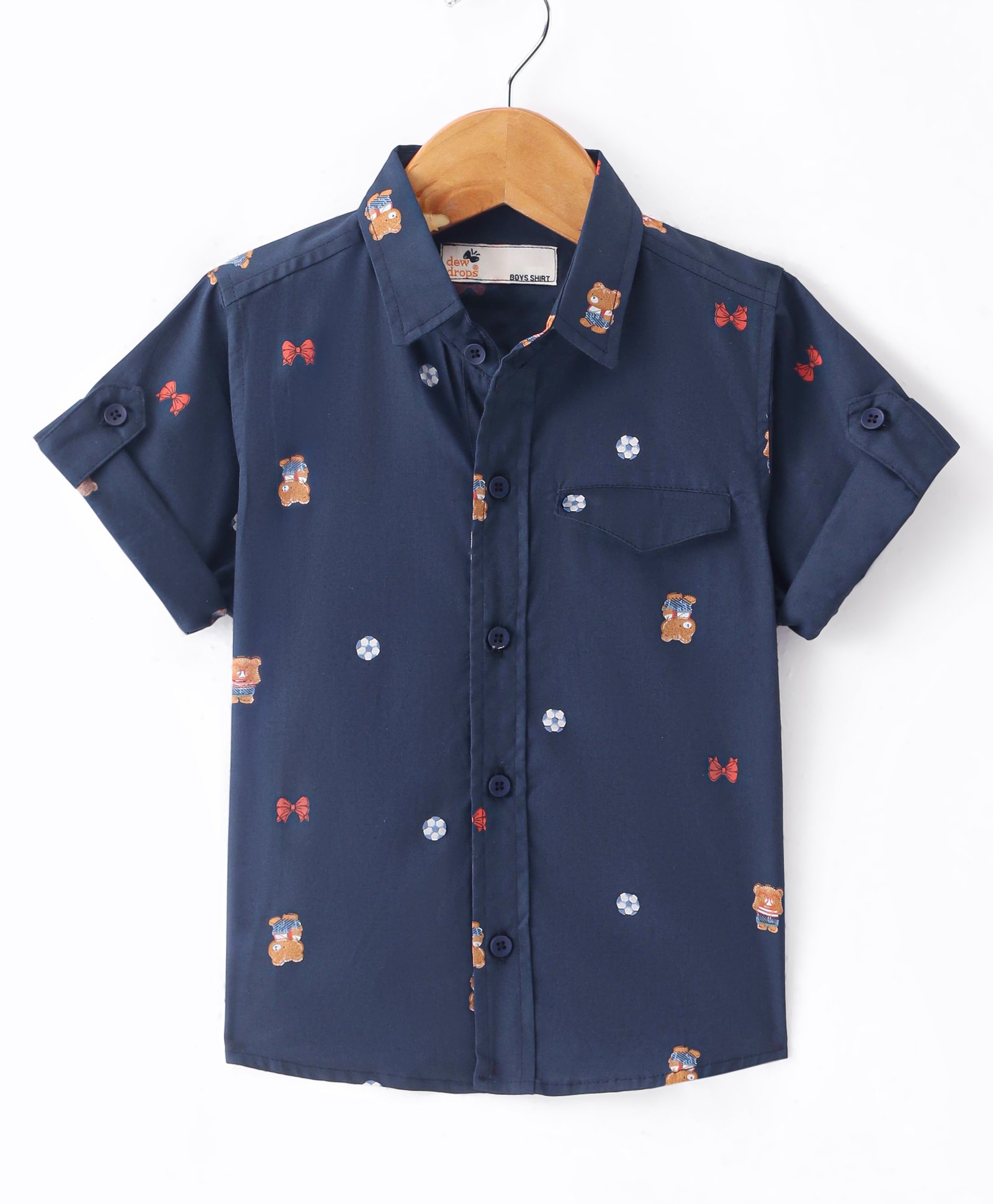 Dew Drops Poplin Knit Half Sleeves Bear Printed Shirt- Navy Blue-picture-1