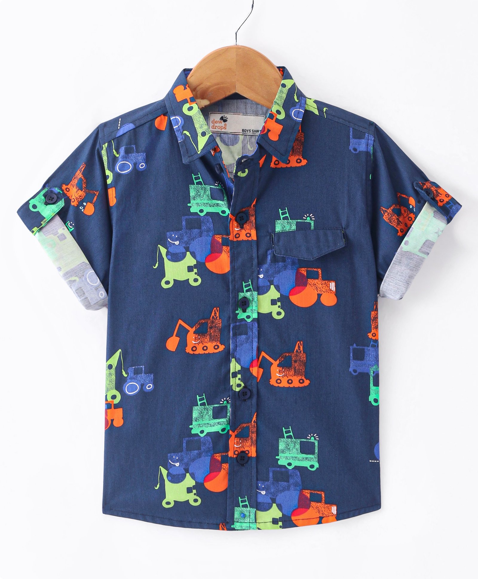 Dew Drops Poplin Knit Half Sleeves Printed Shirt with Vehicle Print -  Navy Blue-picture-11