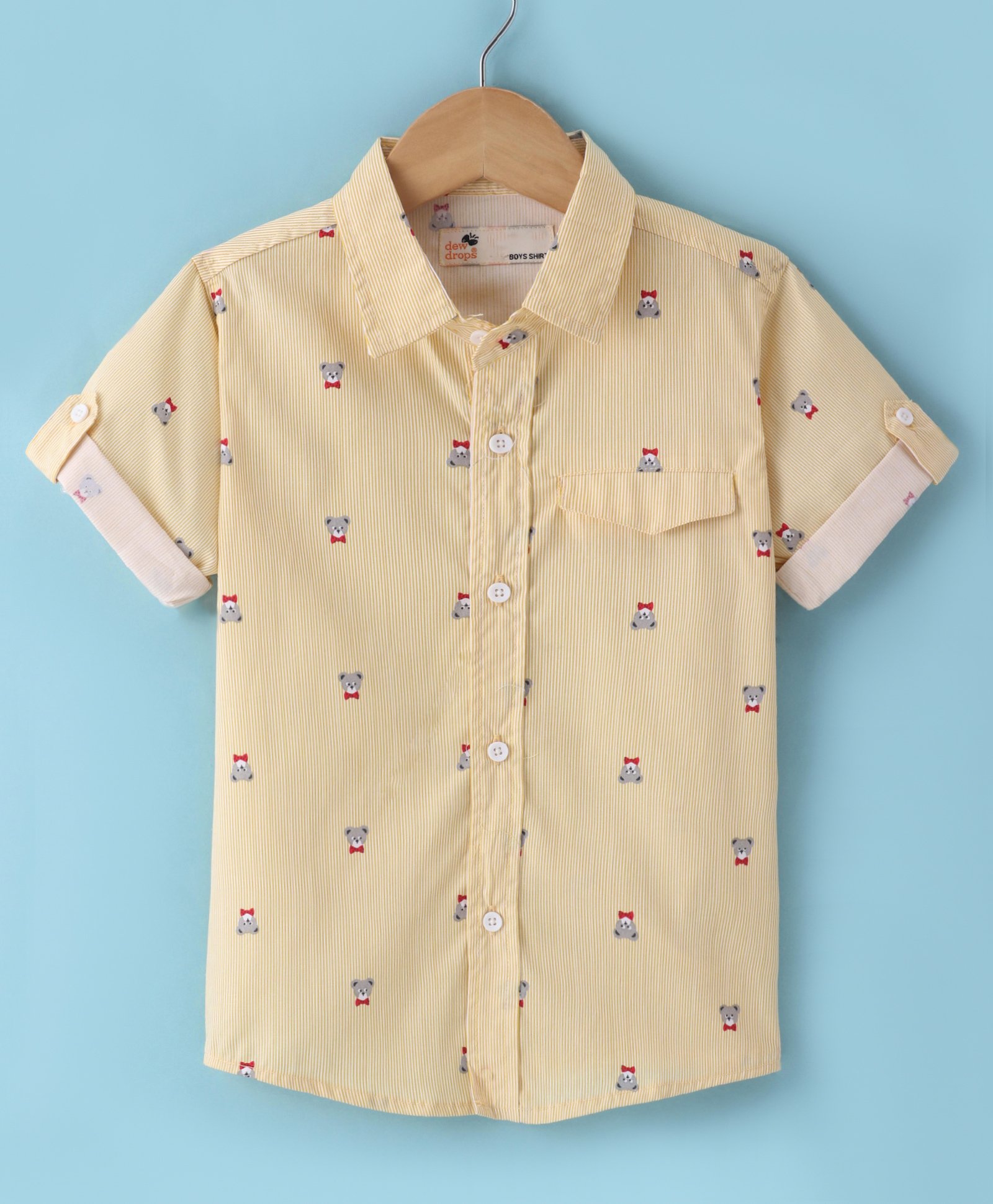 Dew Drops Poplin Knitted Half Sleeves Teddy Bear Printed Shirt - Yellow-picture-33