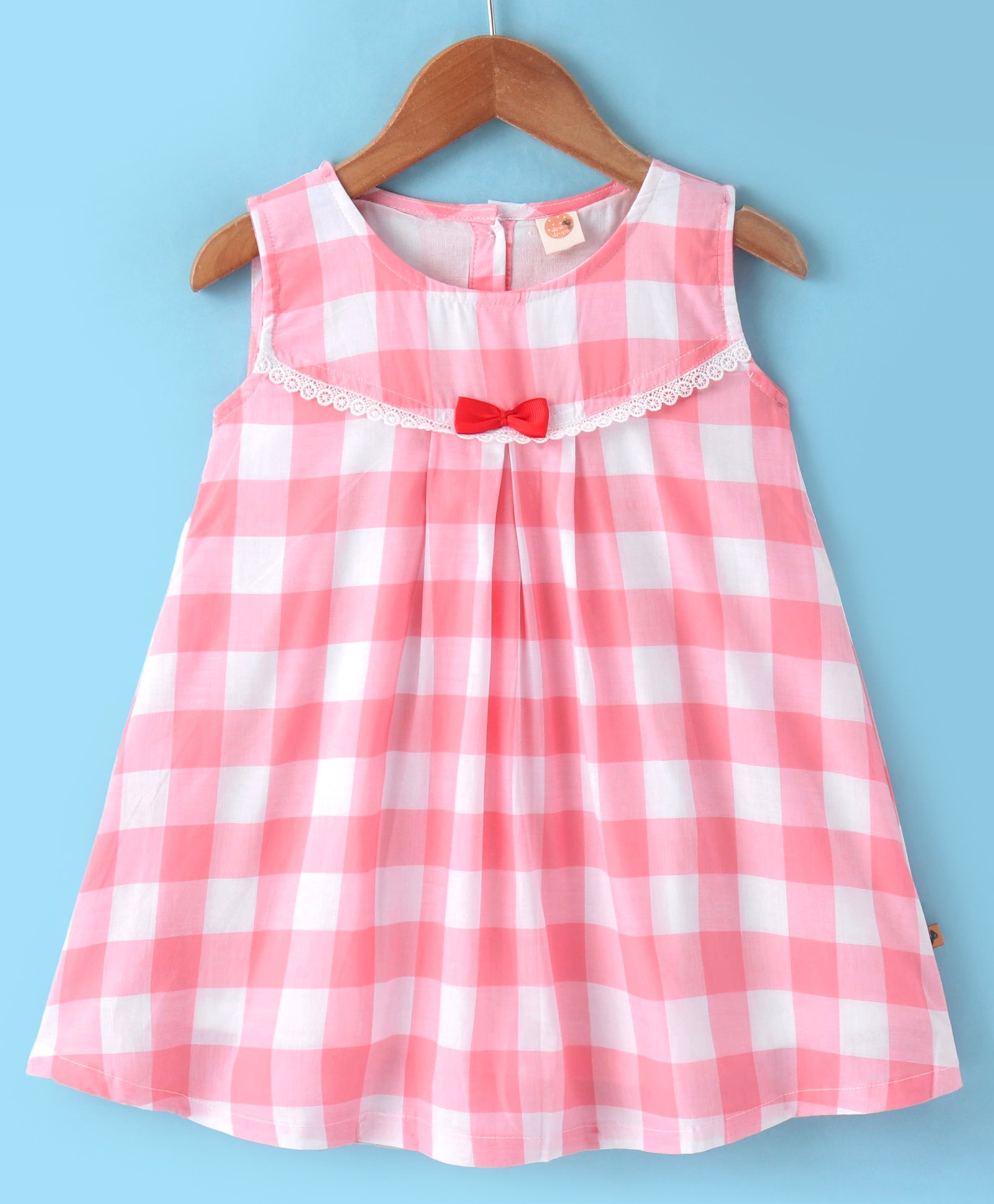 Dew Drops Cotton Knit Sleeveless Checked  Frock With Bow - Peach-image-23