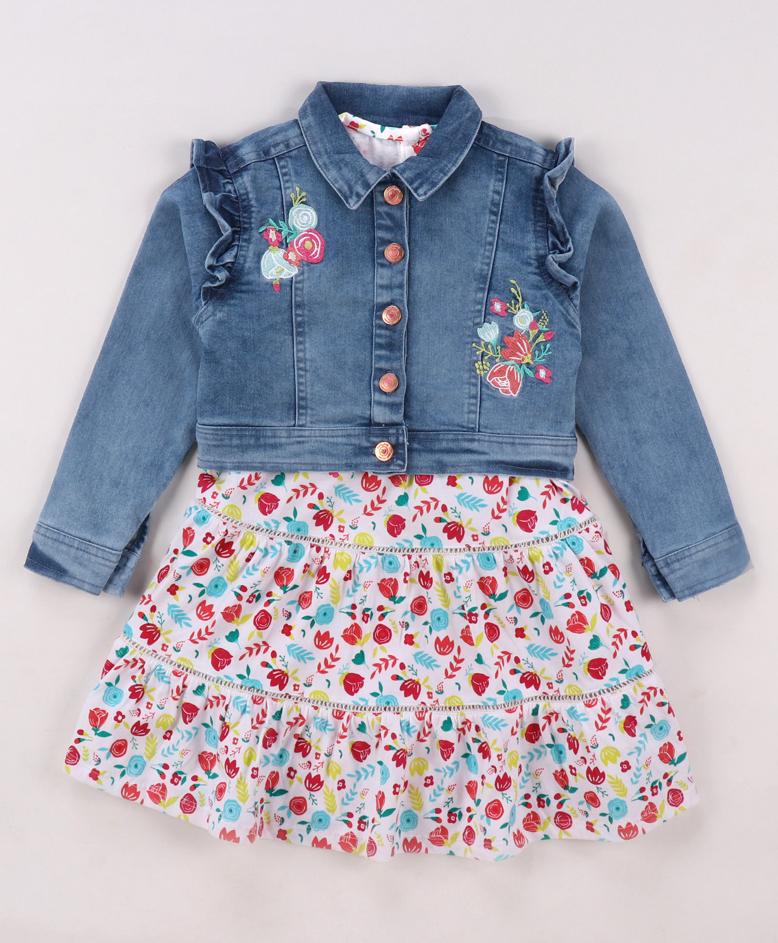 Babyhug Single Jersey Knit Floral Printed Frock With Full Sleeves Floral Embroidered Denim Jacket - White & Blue-picture-20