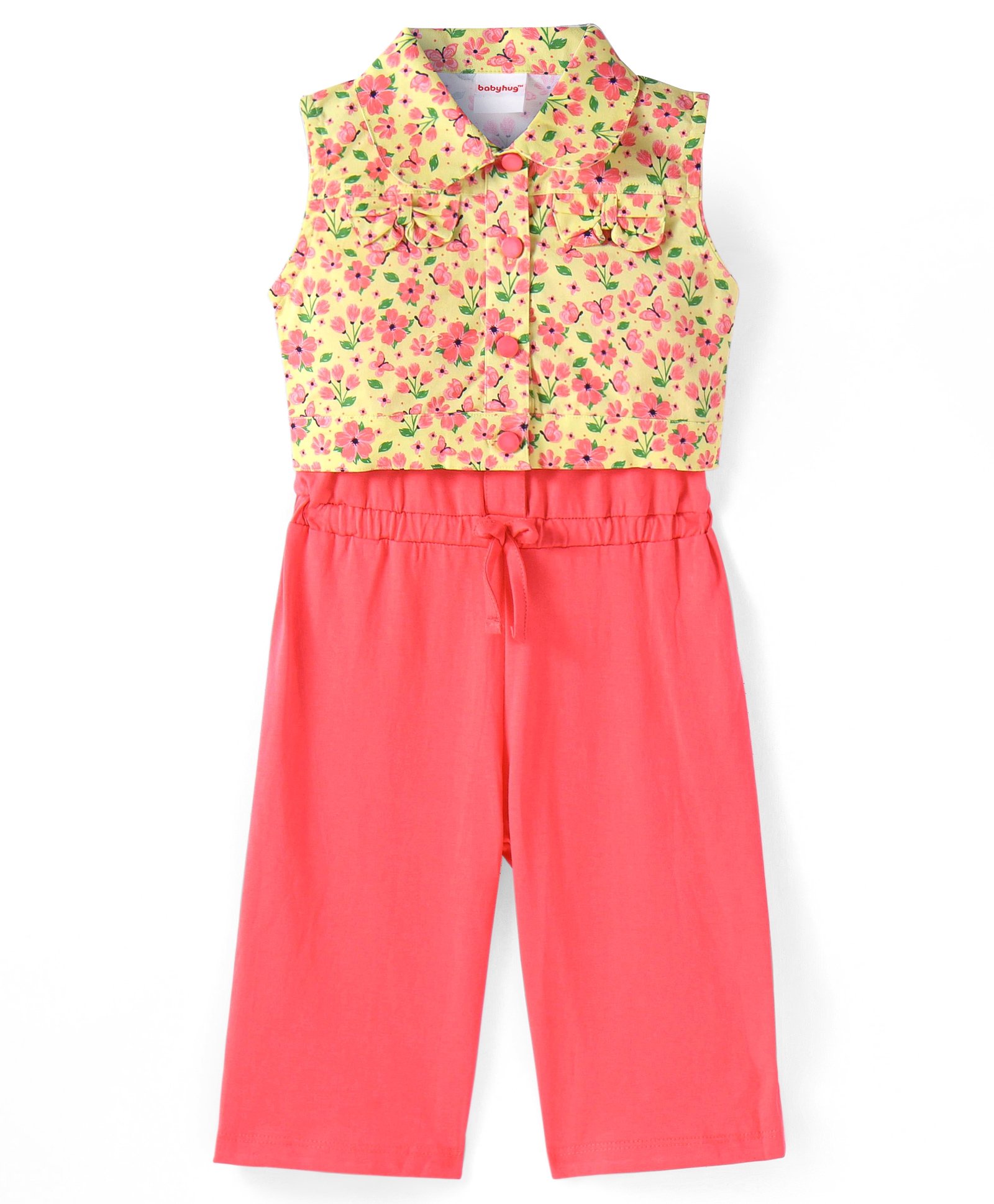 Babyhug Single Jerssey Knit Sleeveless Jumpsuit with Floral Printed Collared Top - Coral-image-0